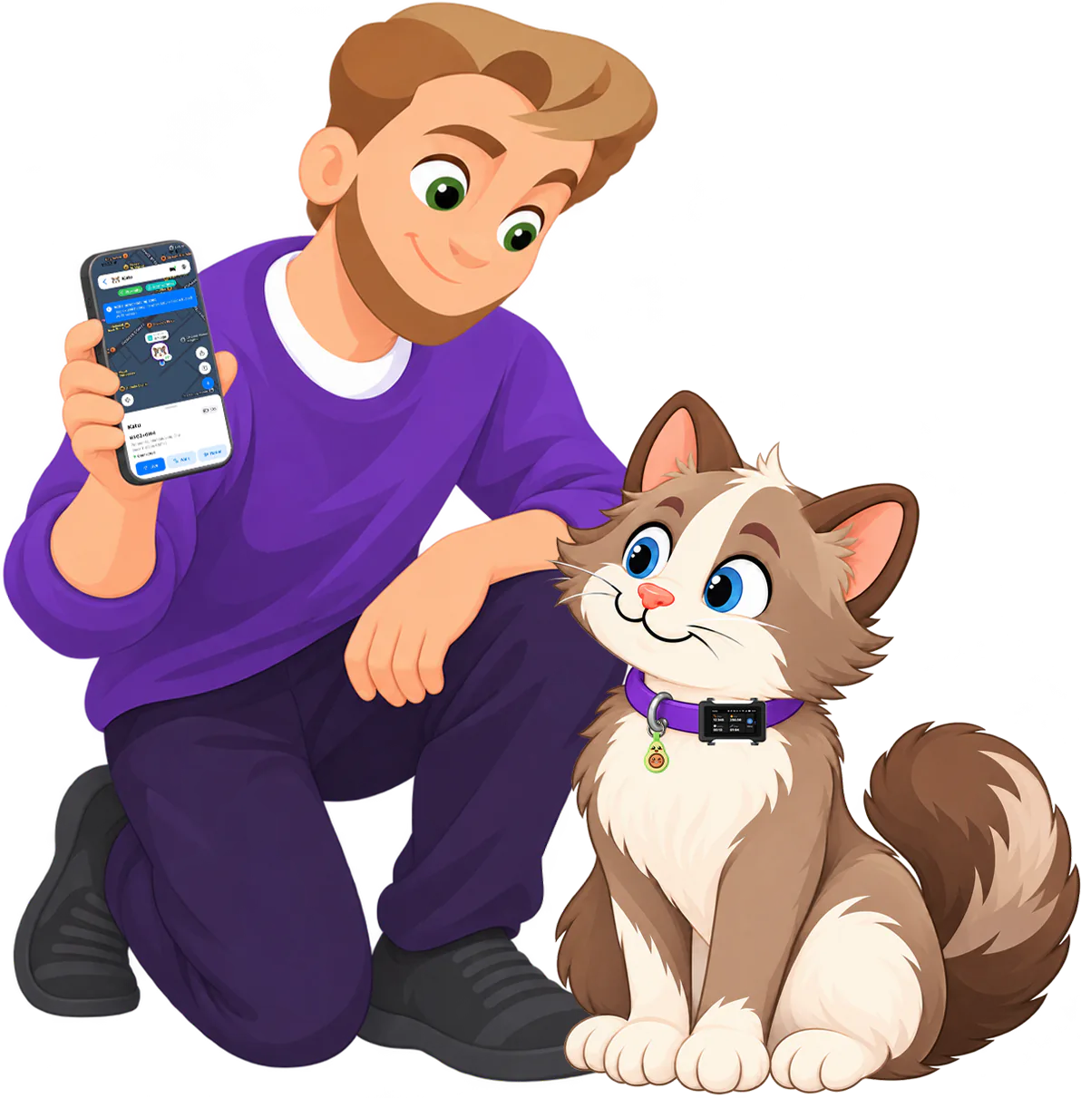 Illustrated man in a purple jumper kneeling beside a brown and cream cat and holding up a phone with her on a live map; she wears the black Cat GPS Tracker and the Avocado Cat Smart ID Tag on a purple collar