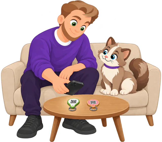 Illustrated man on a couch with a cat, phone in hand, the Avocado and Donut Cat Smart ID Tags lying QR side up on the coffee table