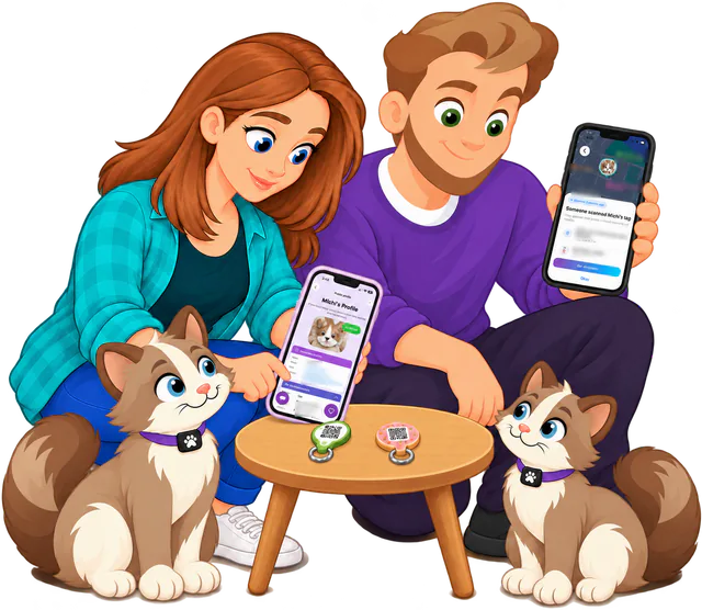 Illustrated man and woman kneeling at a low table with two cats, her phone showing a cat's public profile and his the scan alert, the Avocado and Donut Cat Smart ID Tags on the table