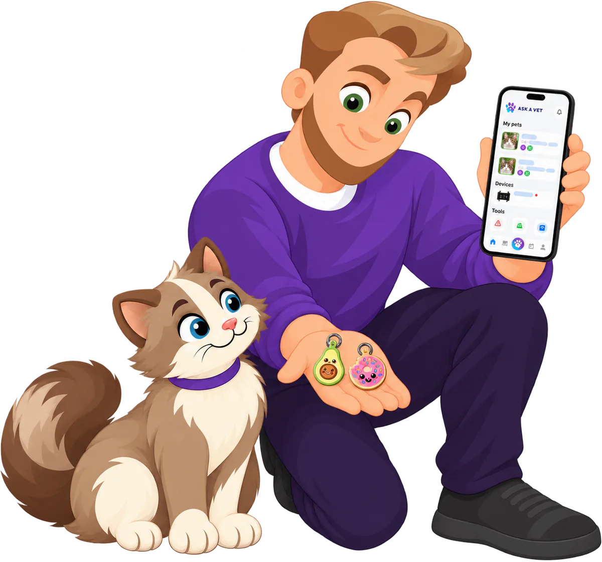 Illustrated man kneeling beside a cat, holding the Avocado and Donut Cat Smart ID Tags in his open hand, his phone showing two pets in the Ask A Vet app