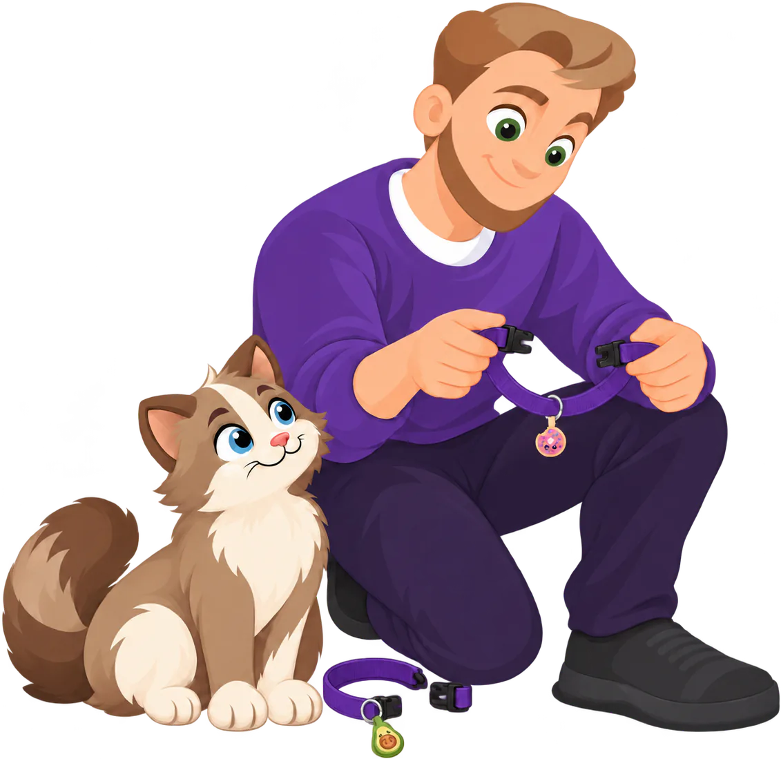 Illustrated man kneeling with a cat, holding a purple collar with the Donut Cat Smart ID Tag on it, a second collar with the Avocado tag lying on the floor
