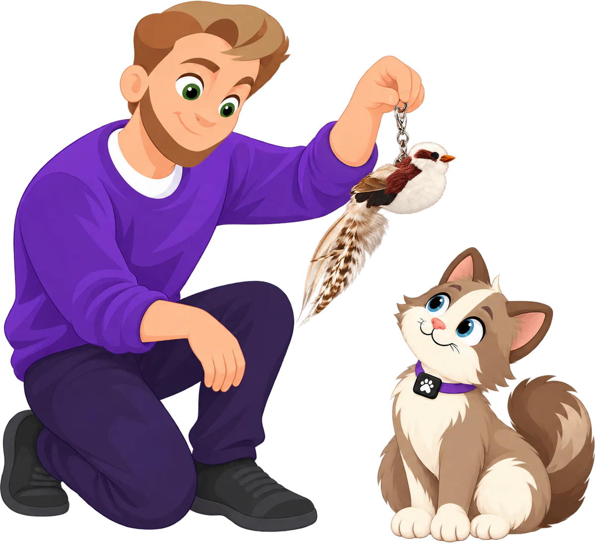 Illustrated man in a purple jumper kneeling and holding up a PURRZ™ Bird attachment by its clip, a white plush bird with brown wings and long brown barred feathers, a brown and cream cat sitting below looking up at it