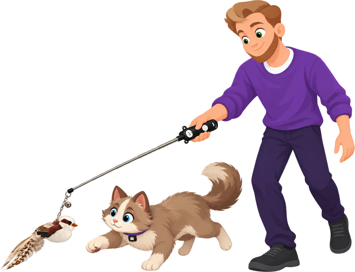 Illustrated man in a purple jumper walking with a cat wand held out low, a brown and cream cat running after the PURRZ™ Bird attachment as it trails from the chain and bell at the tip