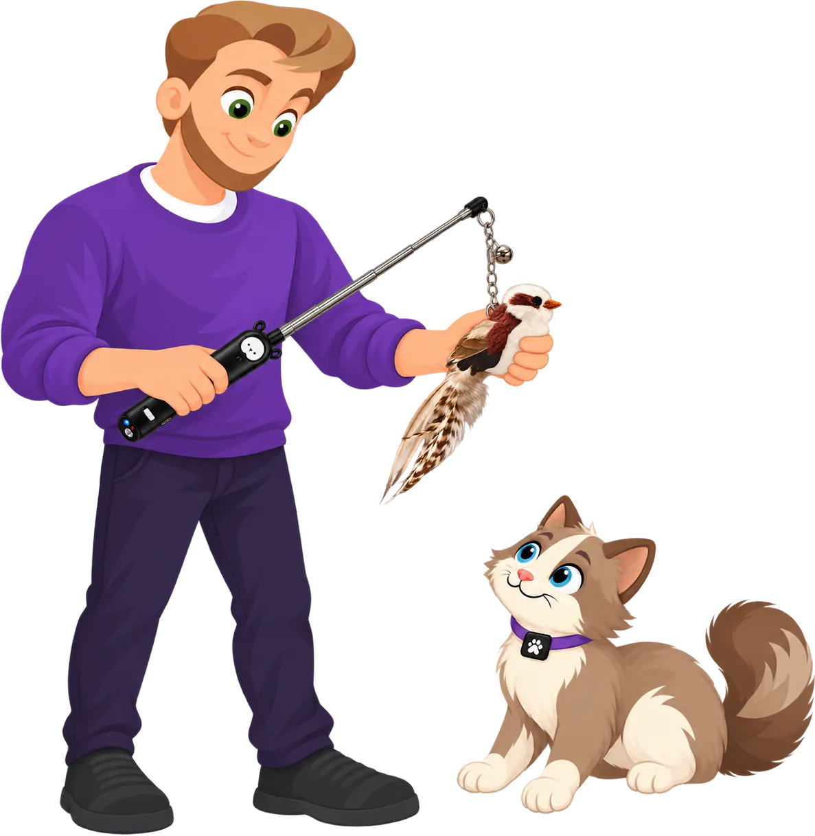 Illustrated man in a purple jumper holding a cat wand in one hand and its PURRZ™ Bird attachment in the other, a brown and cream cat sitting below looking up at the bird