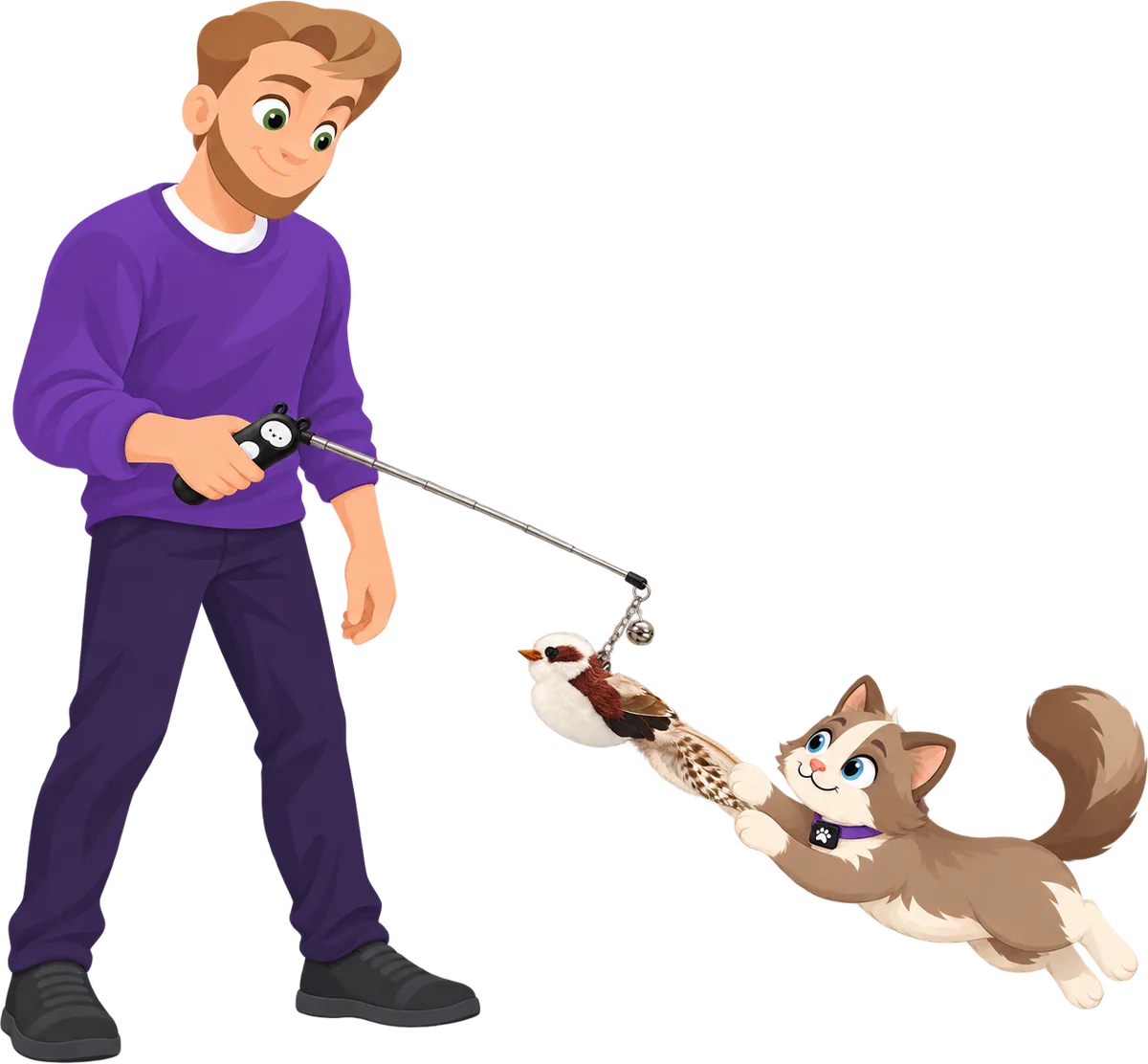 Illustrated man in a purple jumper standing with a cat wand held out, a brown and cream cat leaping to grab the long feathers of a PURRZ™ Bird attachment hanging from its chain and bell
