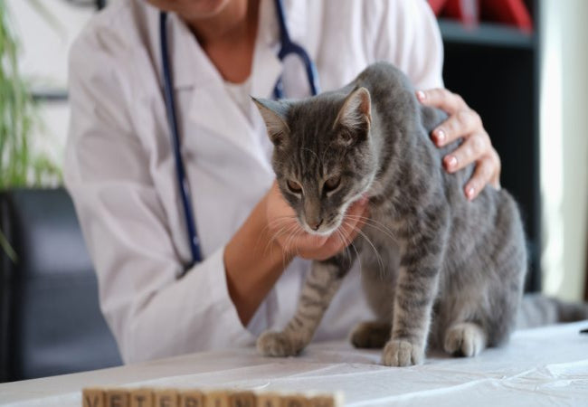 Veterinarian examining a gray cat on a table while gently supporting its body.