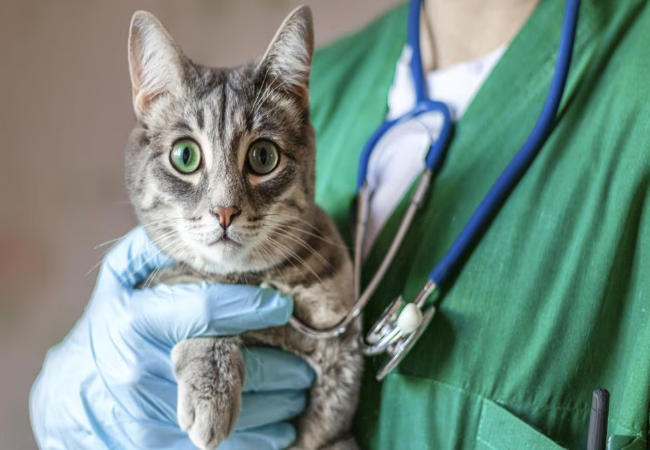 Veterinarian in green scrubs holding a gray tabby cat while wearing gloves and a stethoscope.
