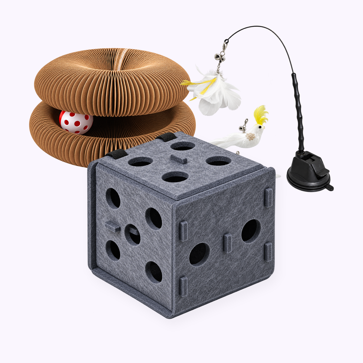 Cat Toys: the Expand & Flex Toy, the High Roller Dice and the Feather Toy Suction Cup Set