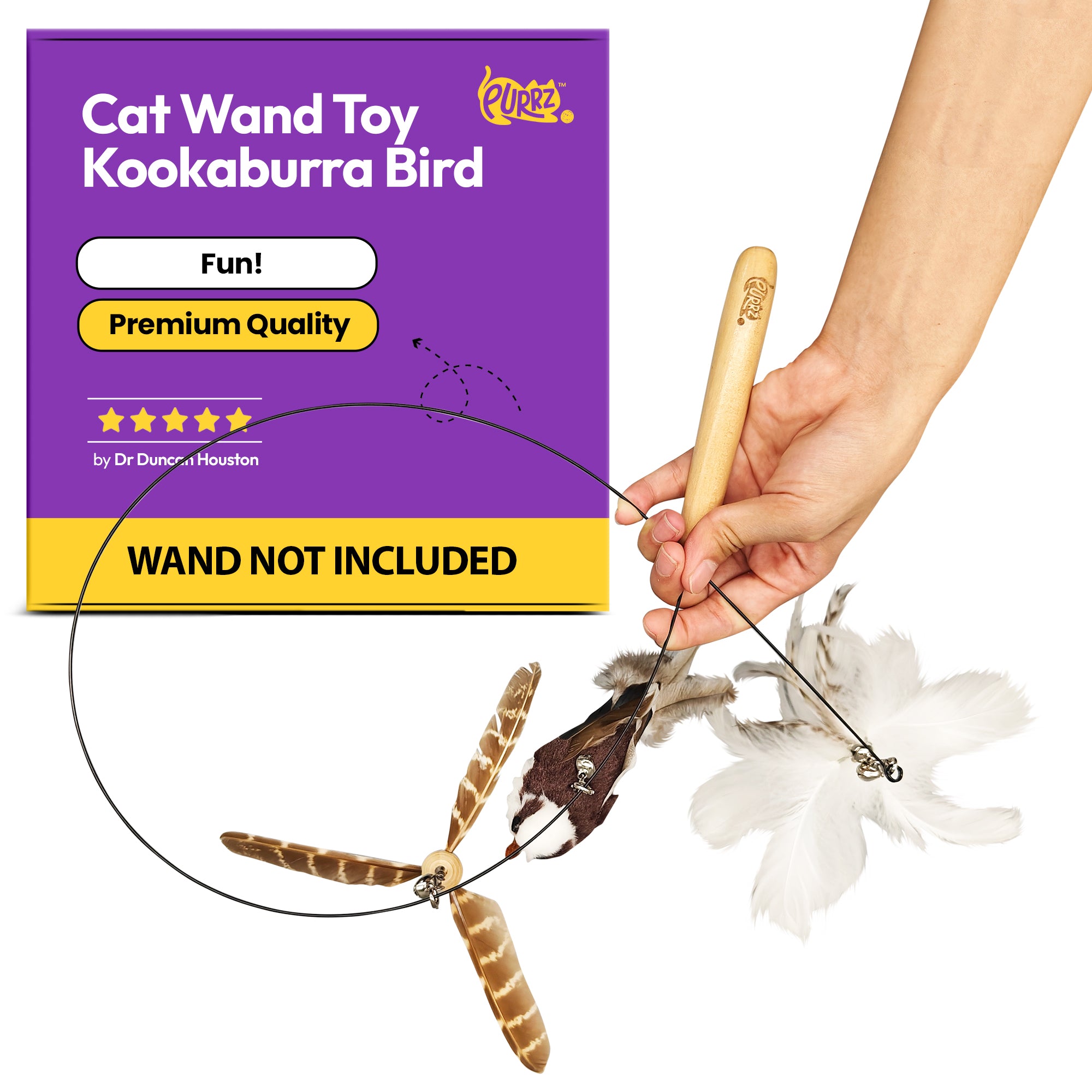 PURRZ Cat Feather Wand Toy – Natural Cockatoo-Inspired Teaser with 3 Interchangeable Feather Toys, Flexible Steel Wand, Non-Toxic, Vet-Designed Interactive Toy for Indoor Cats, Kittens & Seniors - ( Kookabura)