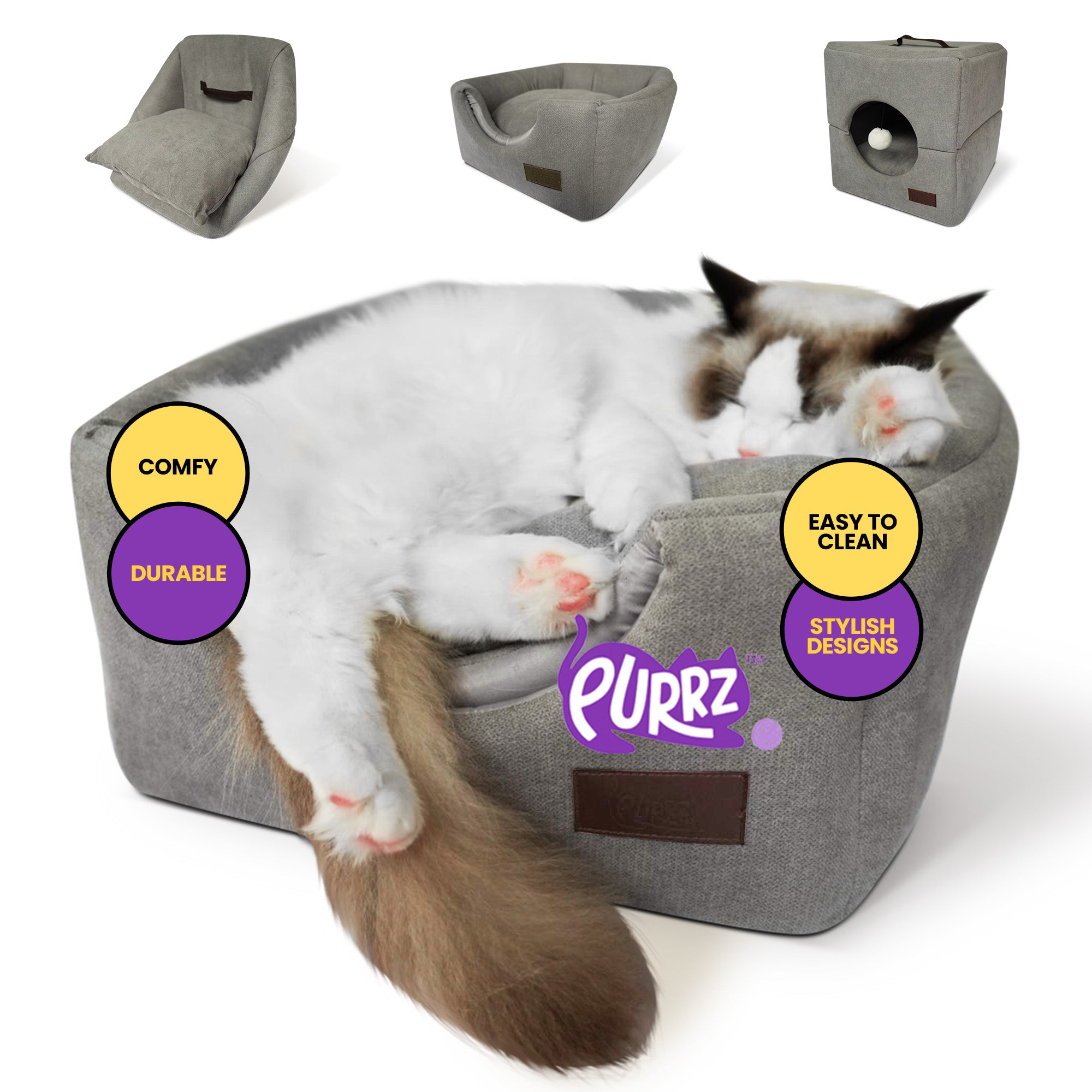 Foldable Cat Cube Bed Cave with Leather Handle | Anti-Stain & Machine Washable | Enclosed Cat House, Cat Bed for Indoor Cats, Kitten Cave, Cozy Hideaway (Grey Smoke)