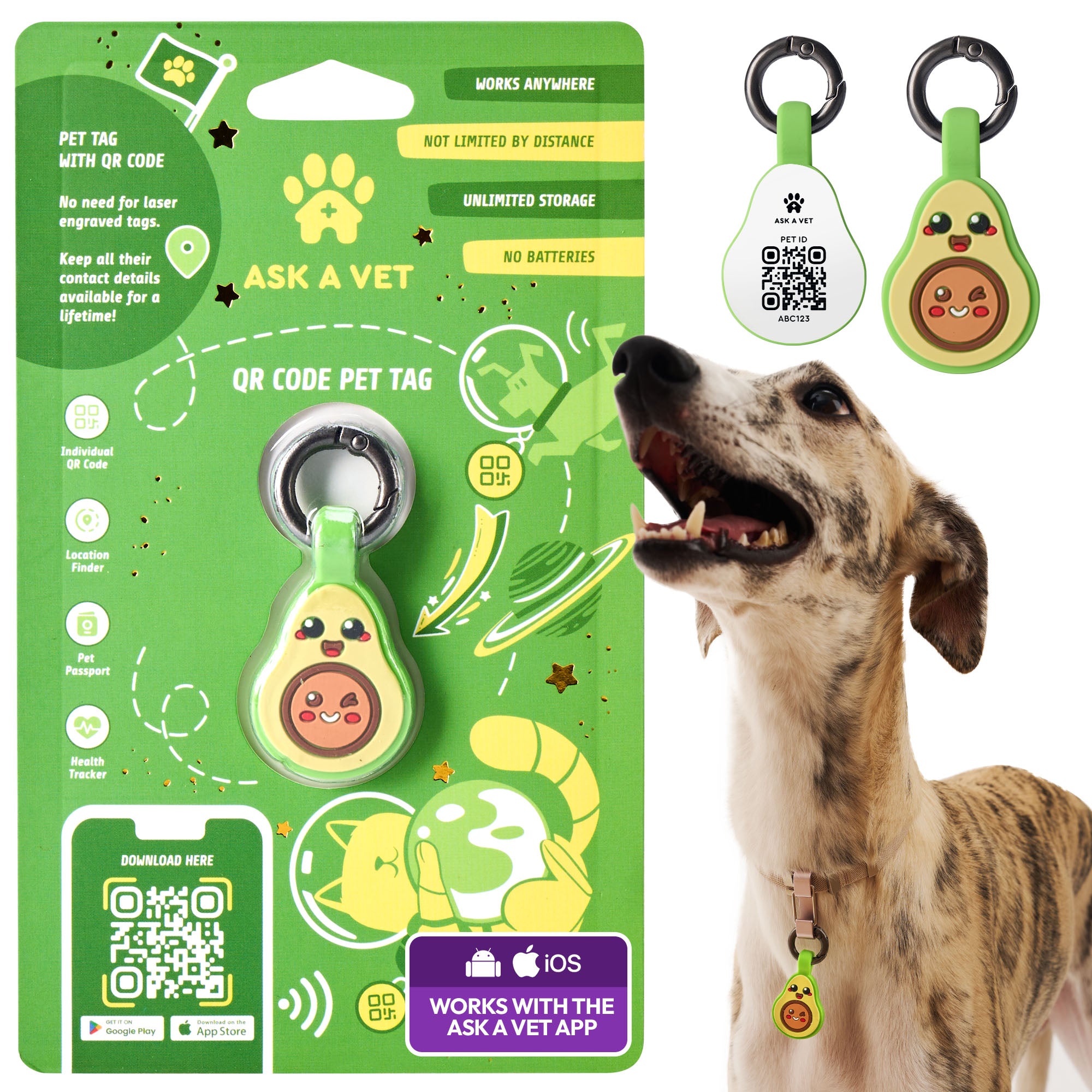 ASK A VET Avocado Pet ID Tag – NFC & QR Code Silicone Dog & Cat Tag – Hanging & Slide-On Digital Smart Tag – Waterproof, No Battery