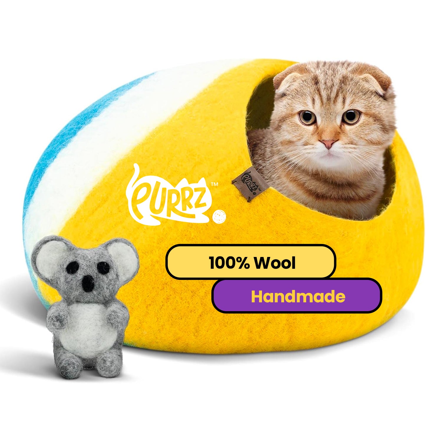 PURRZ Luxury Cat Cave | Natural Wool Felt Handmade Cat House, Cat Beds, Cat Condo, Cat Furniture, Cat Beds for Indoor Cats, Cat Houses for Indoor Cats, Cat Hideaway (GREAT BARRIER REEF)