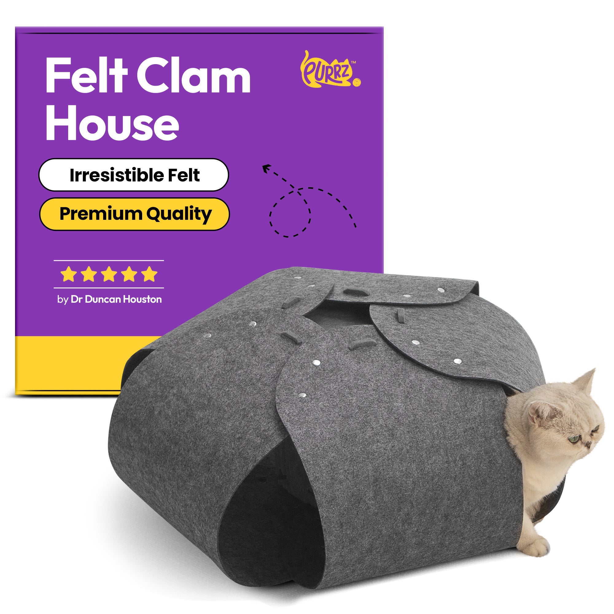 Clam Cat Cave House Home for Indoor Cats – Cozy Felt Clamshell Hideaway for Cats & Small Pets – Foldable, Scratch-Resistant, and Easy to Clean - (Grey, Small)