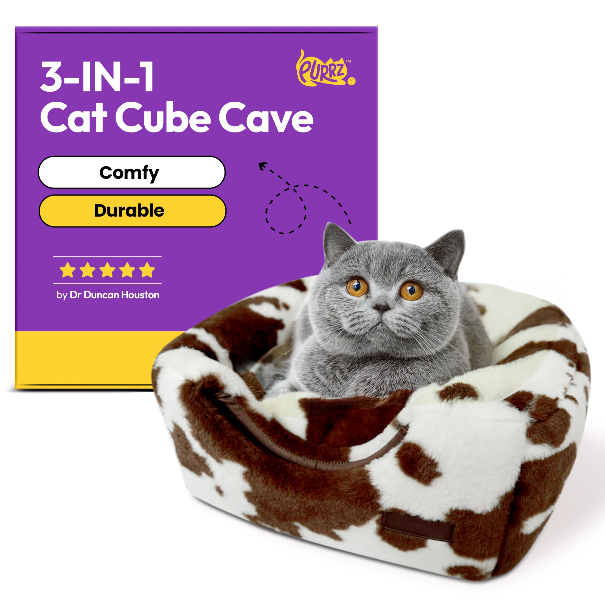 Foldable Cat Cube Bed Cave with Leather Handle (Cow)