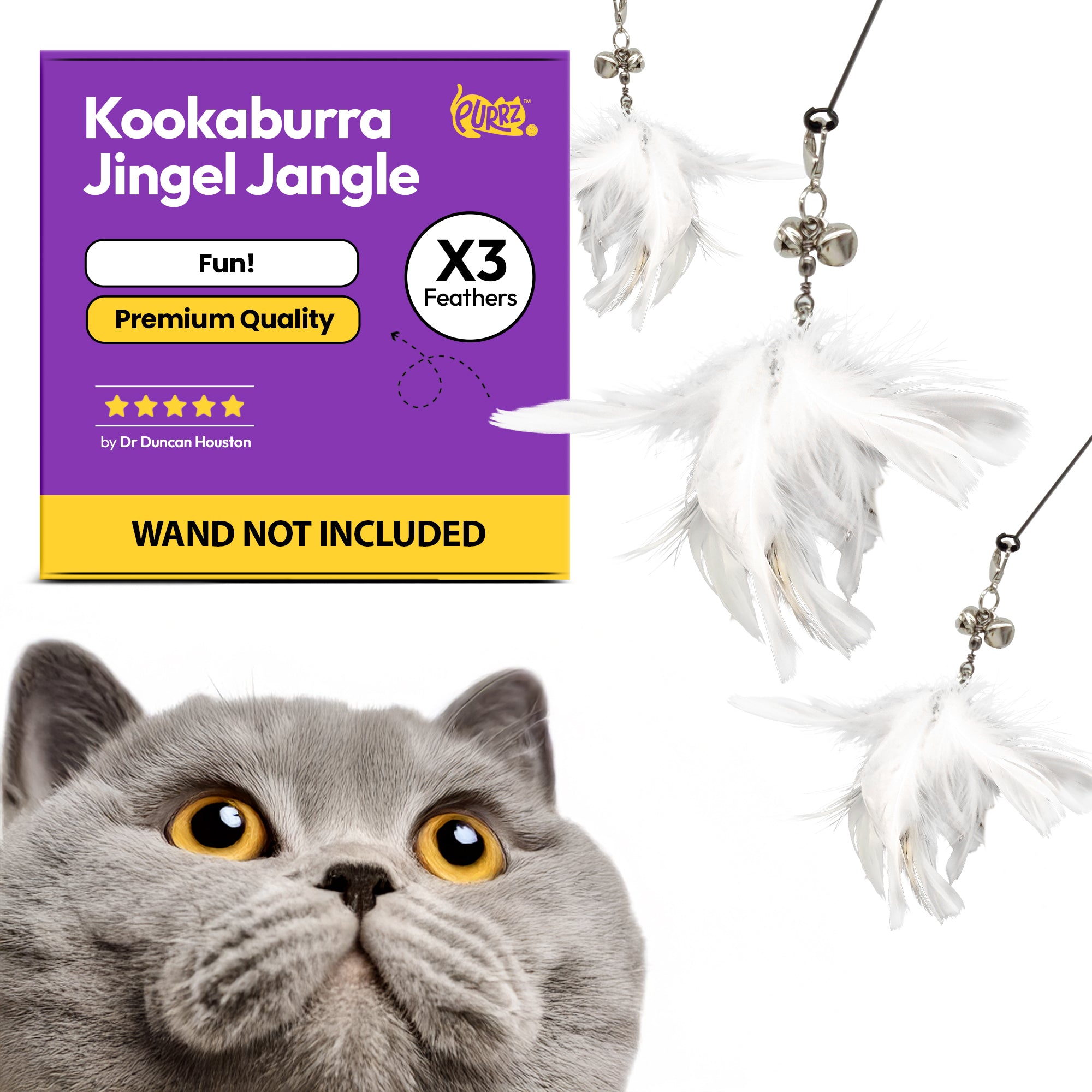 3-Pack Natural Australian Bird Feather Attachments for Cat Wand Toys – Vet-Approved Teaser for Indoor Cats – Fits Fishing Rod, Stick, and String Cat Toys – for Active Play & Mental Stimulation (Kookaburra Jingle Jangle)
