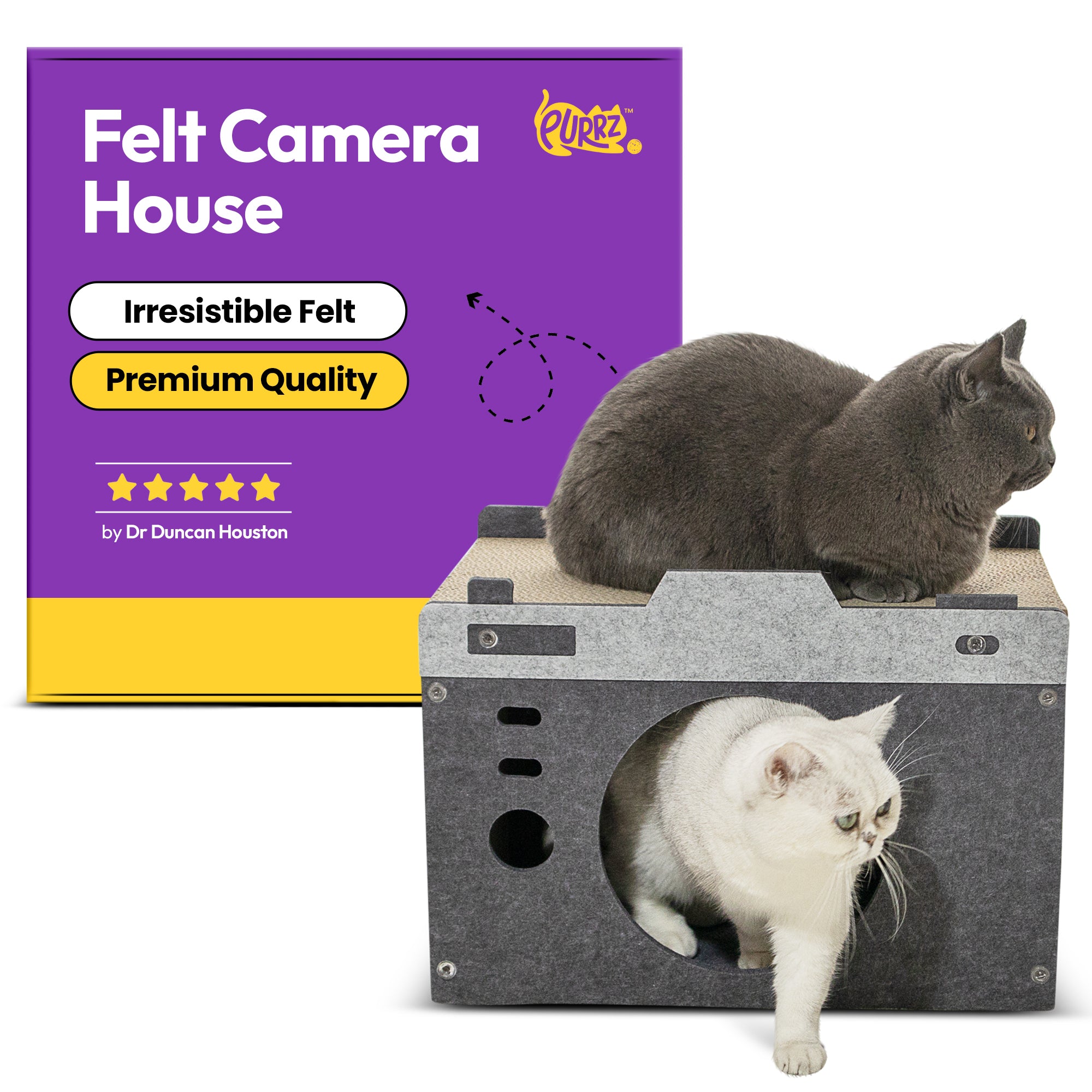 Felt Camera Condo – Soft & Durable Bed and Hideaway for Indoor Cats – Stylish Camera-Inspired Design – Multi-Functional Cave, Play Tunnel, and Cozy Bed - (Grey, Medium)