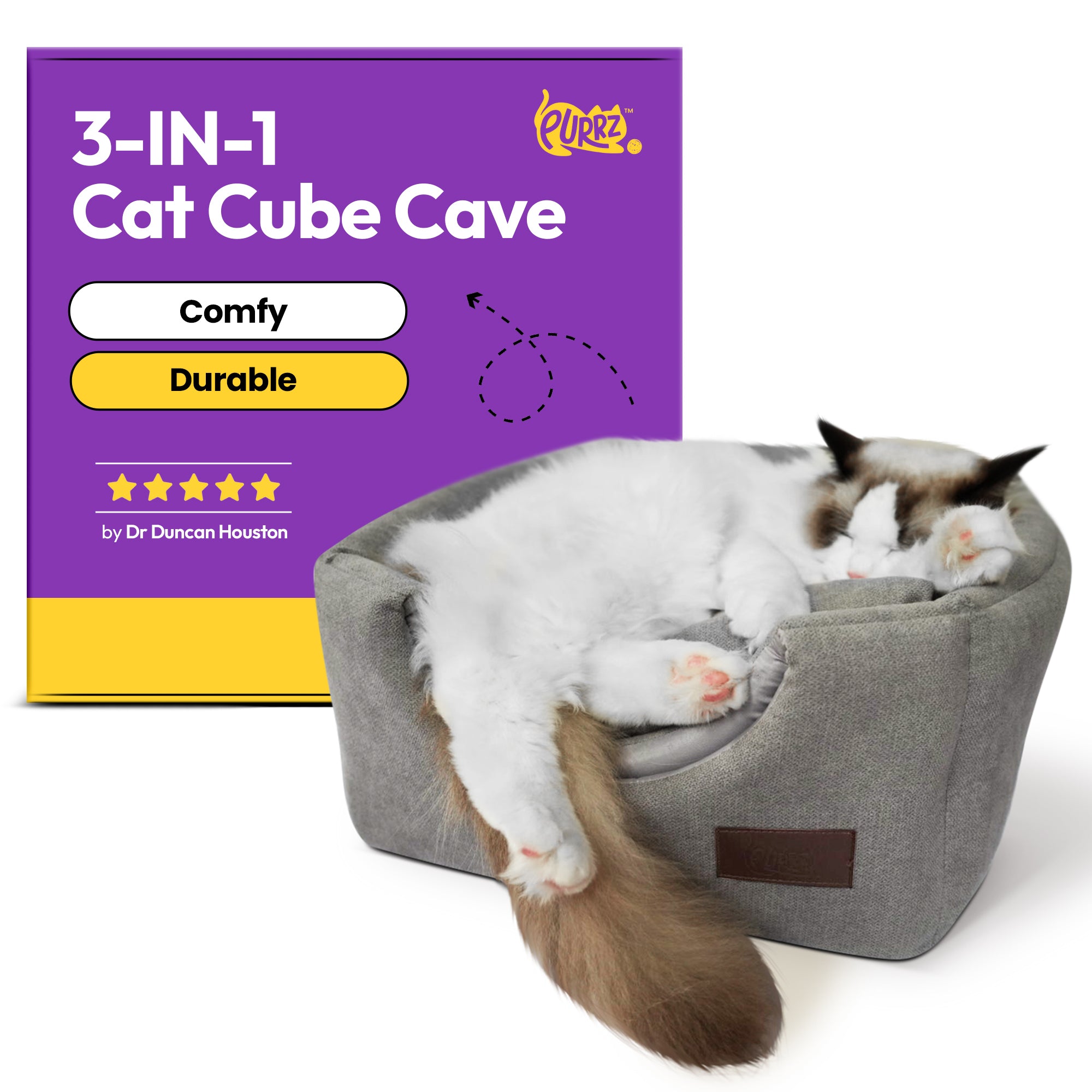 Foldable Cat Cube Bed Cave with Leather Handle (Grey Smoke)