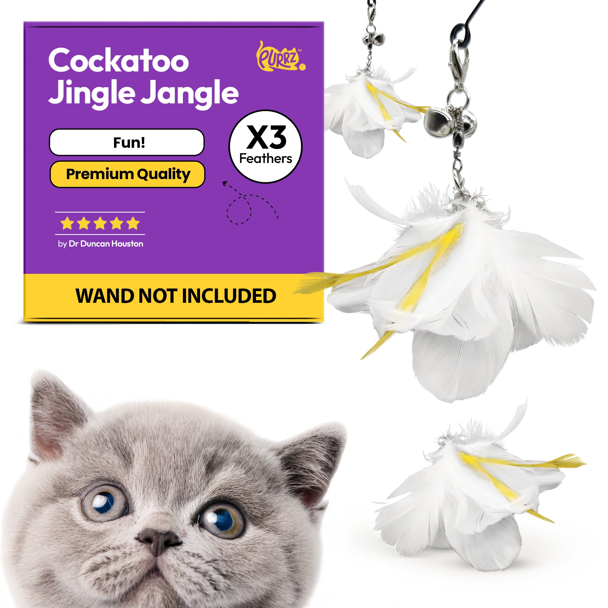 3-Pack Natural Australian Bird Feather Attachments for Cat Wand Toys – Vet-Approved Teaser for Indoor Cats – Fits Fishing Rod, Stick, and String Cat Toys – for Active Play & Mental Stimulation - Cockatoo Jingle Jangle