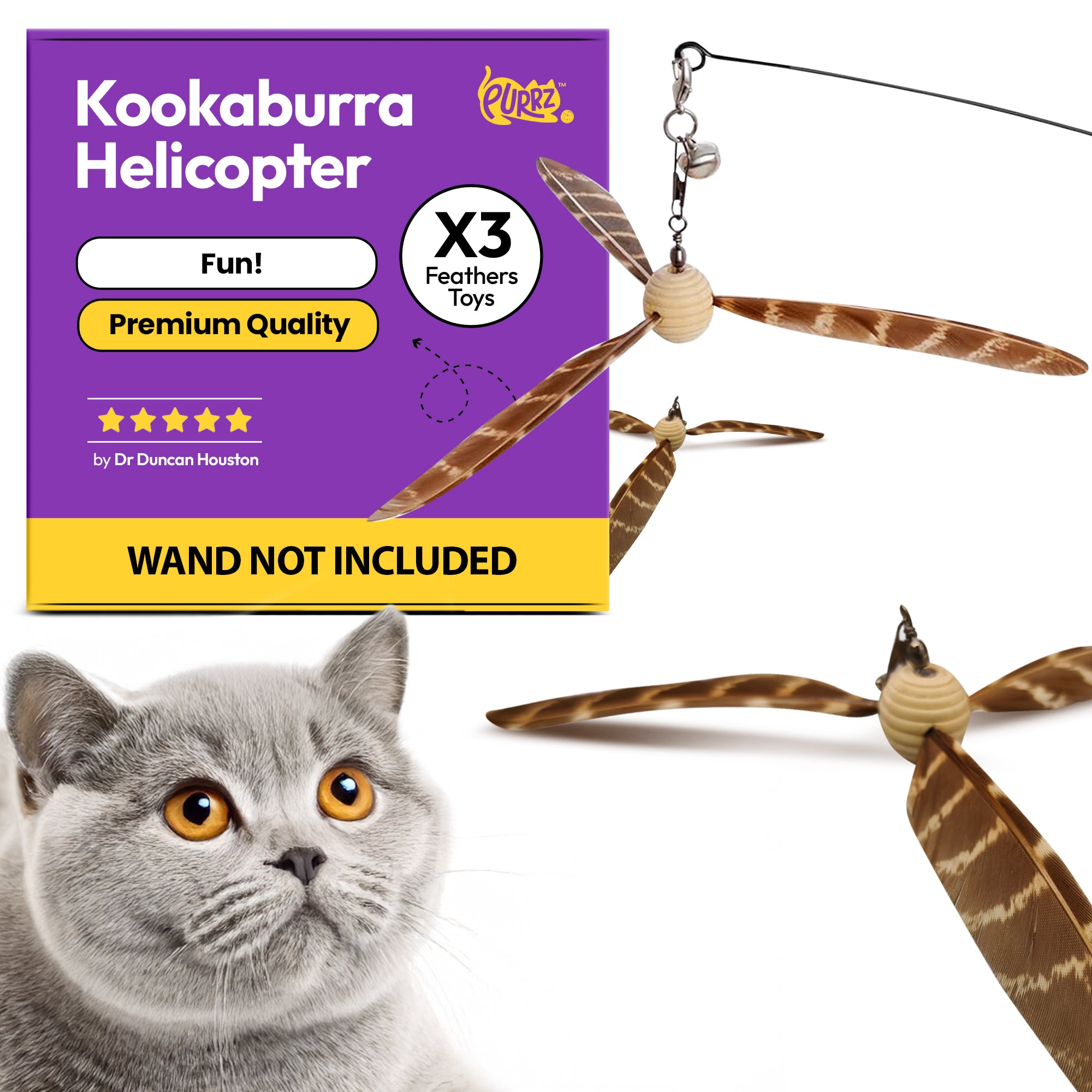 3-Pack Natural Australian Bird Feather Attachments for Cat Wand Toys – Vet-Approved Teaser for Indoor Cats – Fits Fishing Rod, Stick, and String Cat Toys – for Active Play & Mental Stimulation (Kookaburra helicopter)