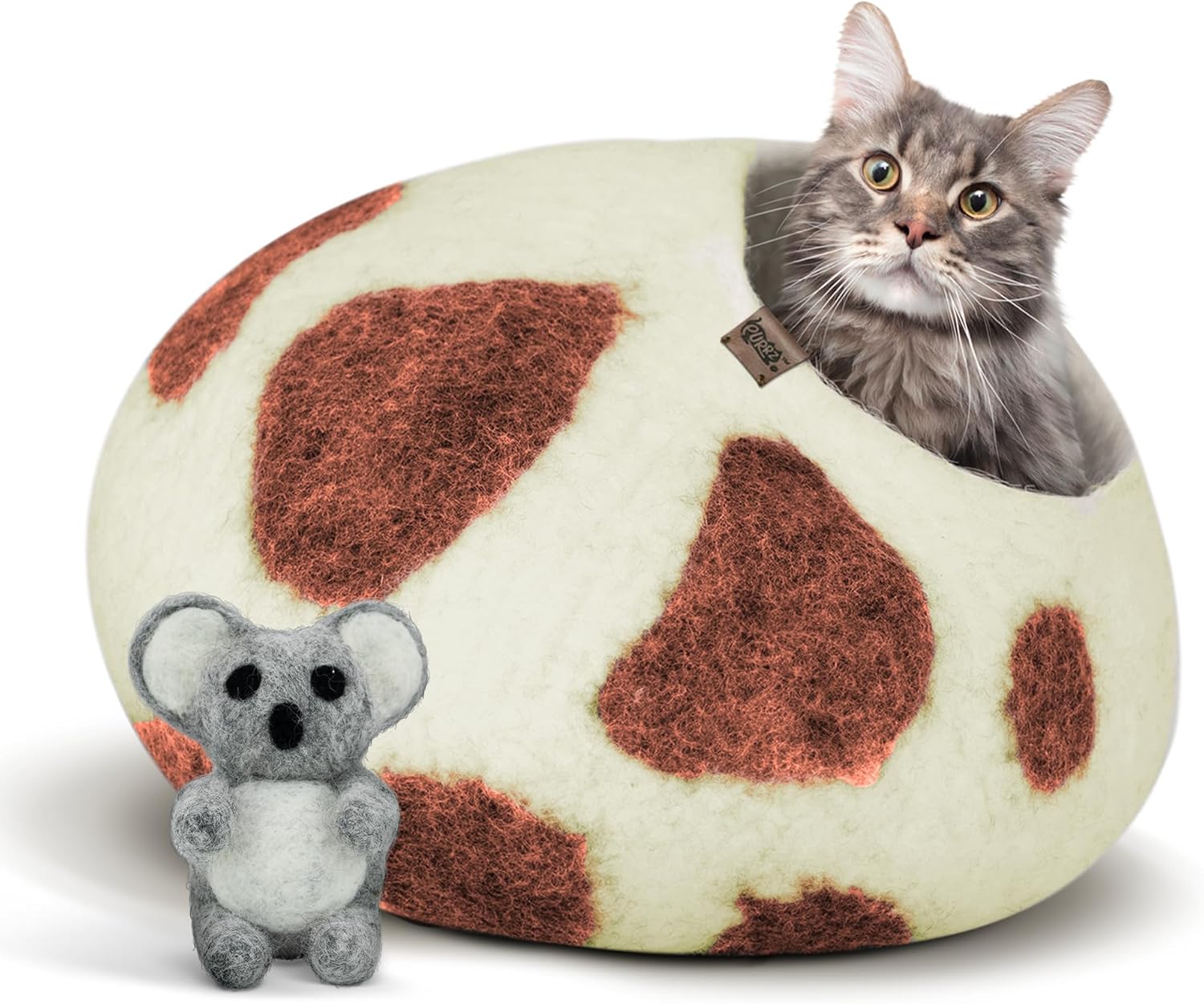 PURRZ Luxury Cat Cave | Natural Wool Felt Handmade Cat House, Cat Beds, Cat Condo, Cat Furniture, Cat Beds for Indoor Cats, Cat Houses for Indoor Cats, Cat Hideaway(BROWN COW)