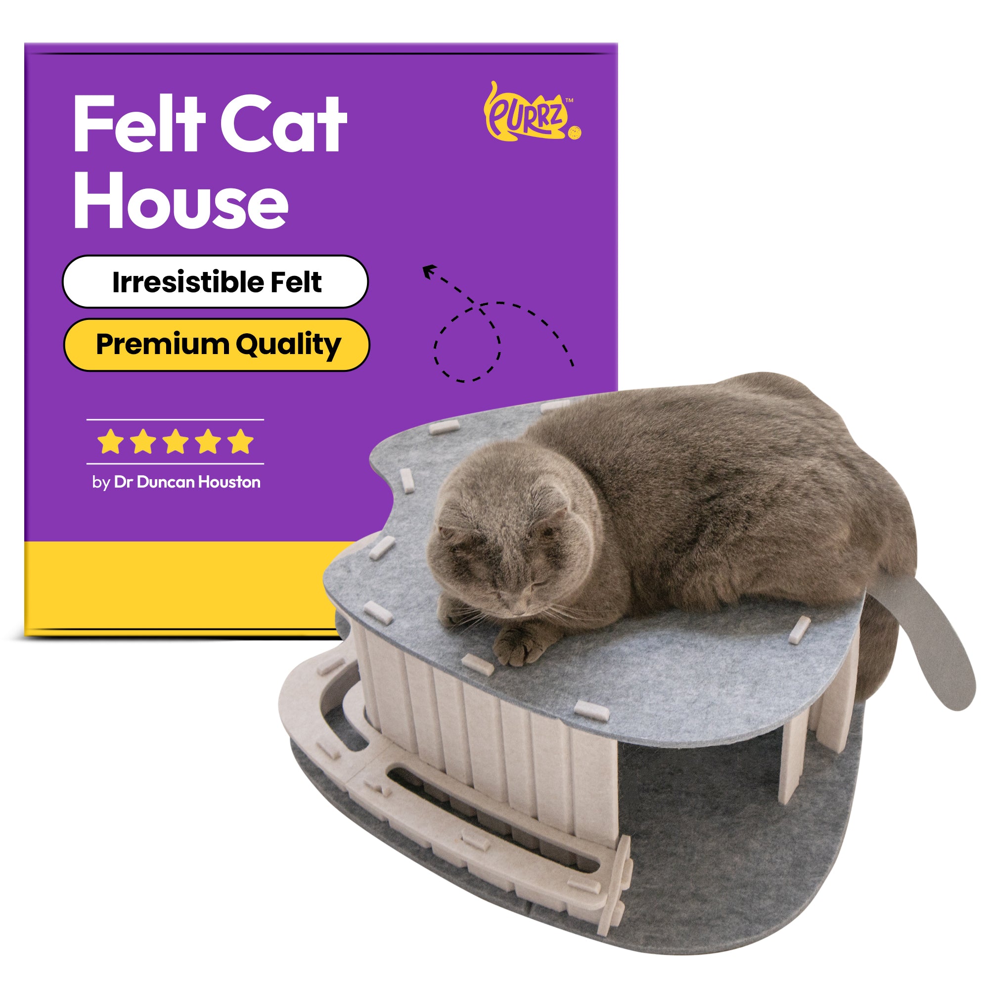 Cat Shaped Cat Cave House Home with Bell Ball Toy Tunnel – Felt, Foldable, and Durable Cat Hideaway – Spacious, Fun, and Cozy Flat (Grey and White, Small)