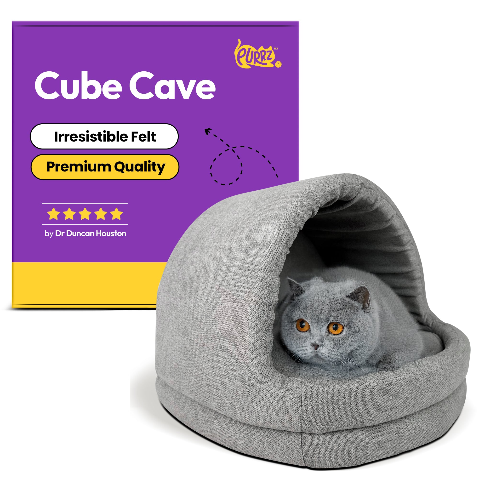 PURRZ Cat Cubby Cave – Washable, Cozy Cat Bed with Cushion – Non-Slip Base, Modern Design – Grey & Cow Print – Medium & Large Sizes – Indoor Pet Hideaway for Cats & Kittens (Grey Smoke)