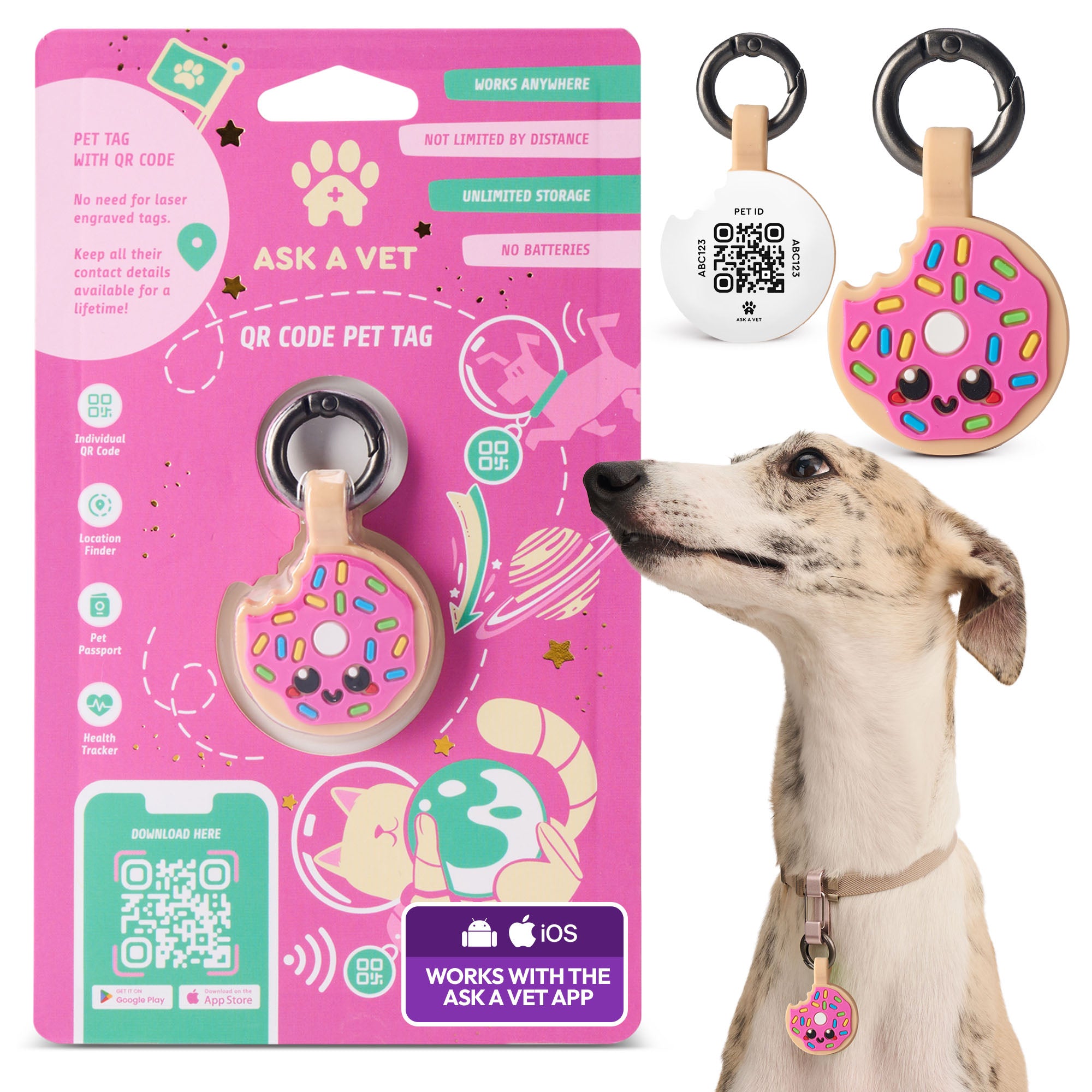 ASK A VET Donut Pet ID Tag – Pink Icing & Rainbow Sprinkles – NFC & QR Code Silicone Dog & Cat Tag – Hanging & Slide-On Digital Smart Tag – Waterproof