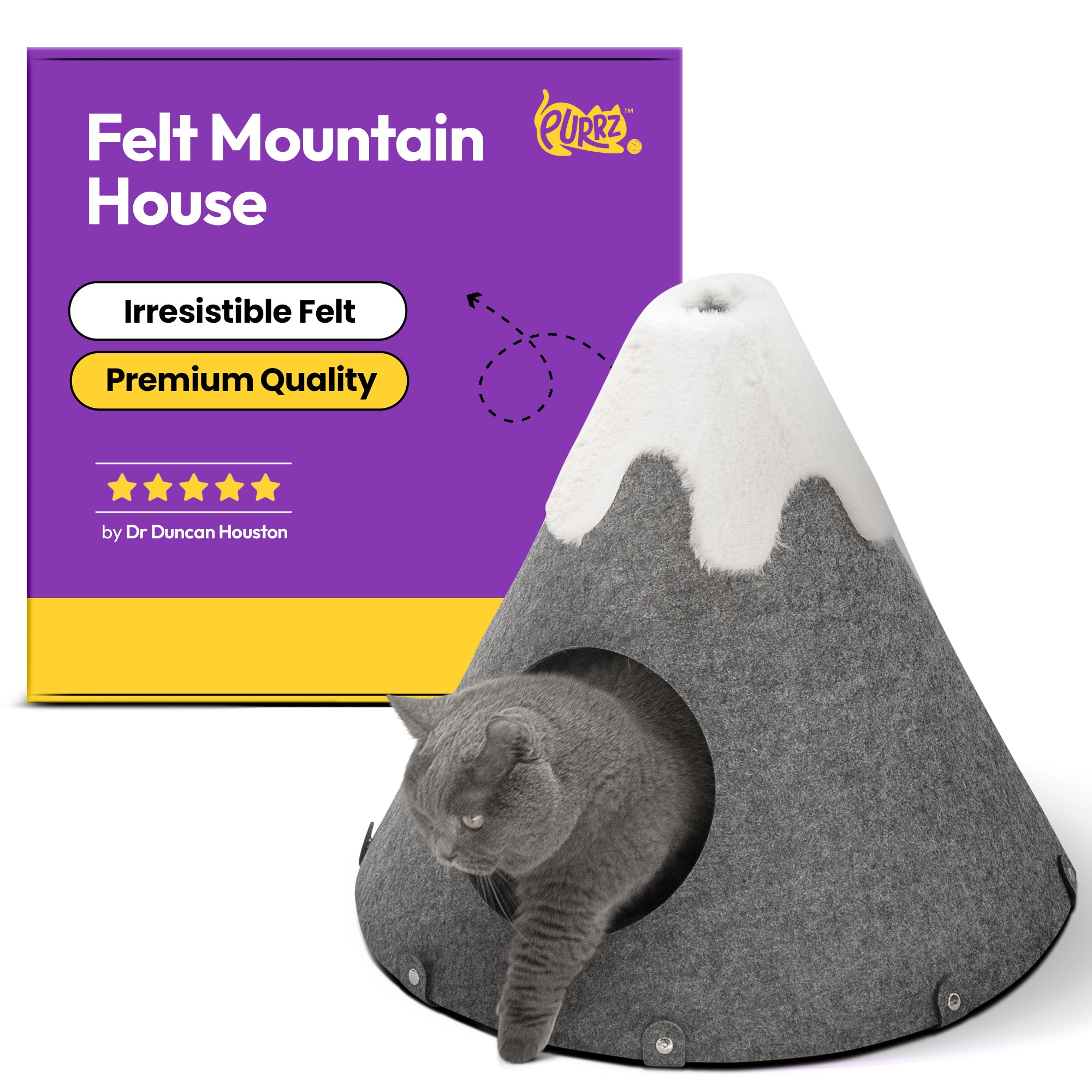 PURRZ Mountain Cat Cave House Home for Indoor Cats – Felt Cat Hideaway, Foldable and Easy to Clean – Cozy Enclosed Bed for Cats and Small Pets - (Grey and White, Small)