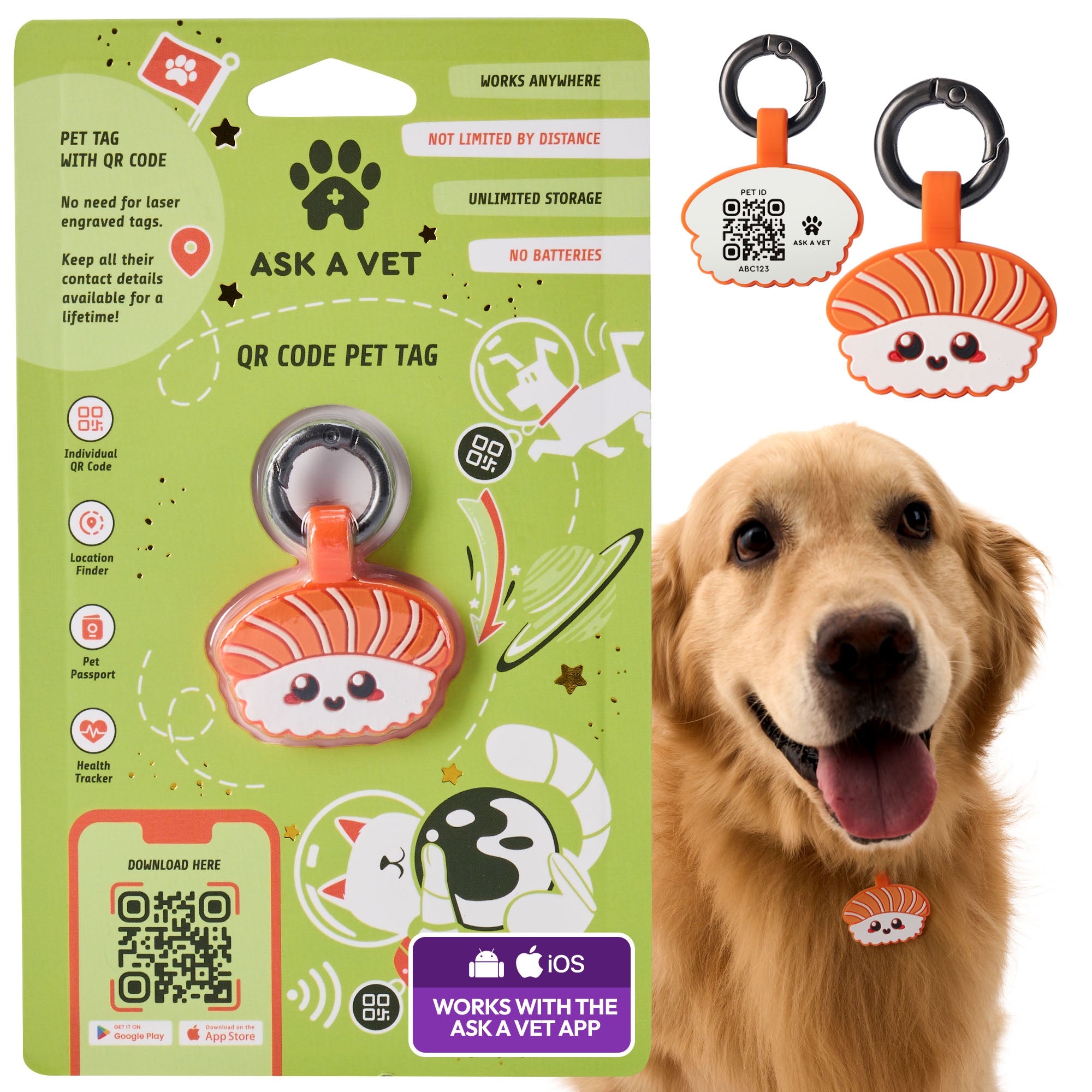 ASK A VET Salmon Sushi Pet ID Tag – NFC & QR Code Silicone Dog & Cat Tag – Hanging & Slide-On Digital Smart Tag – Waterproof, No Battery