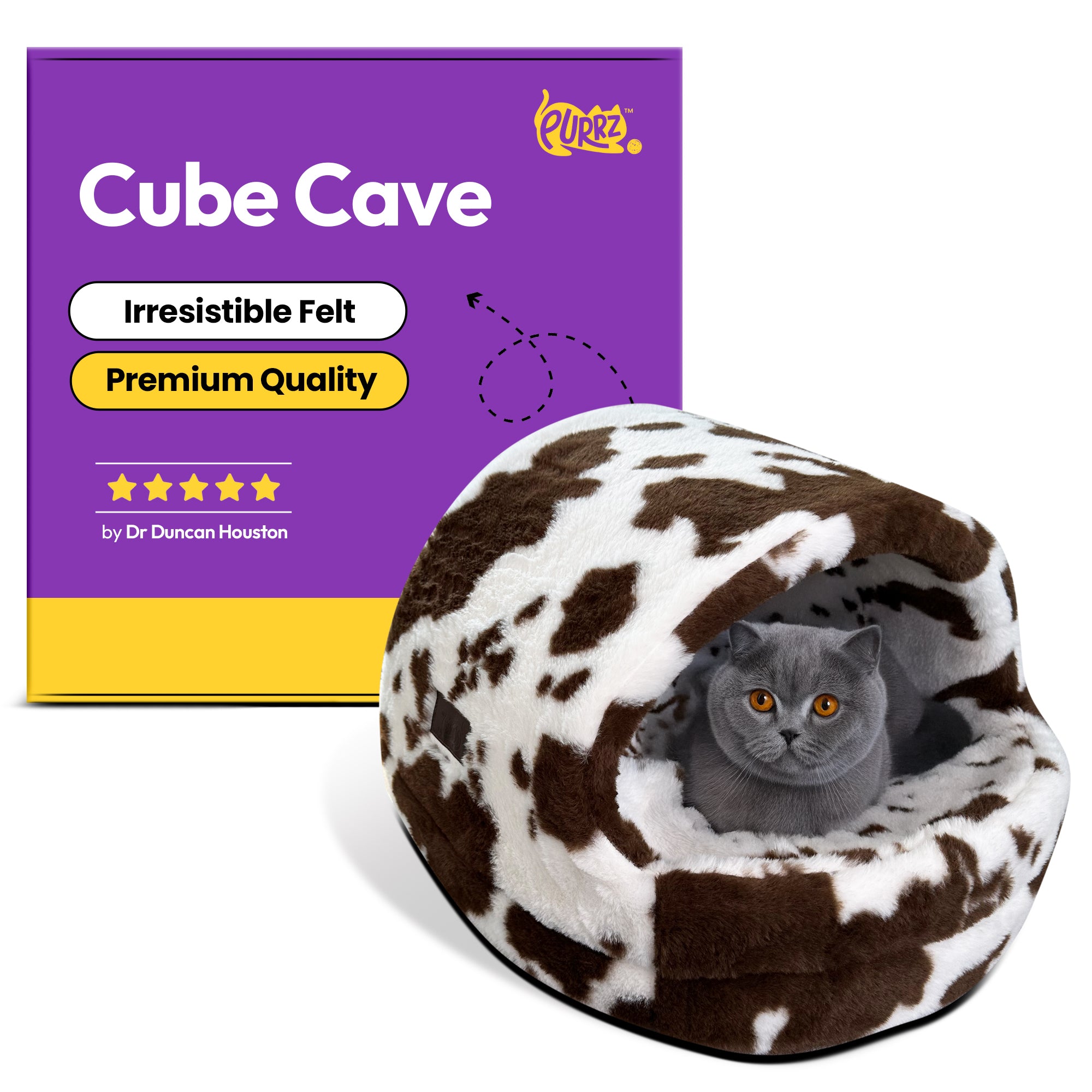 PURRZ Cat Cubby Cave – Washable, Cozy Cat Bed with Cushion – Non-Slip Base, Modern Design – Grey & Cow Print – Medium & Large Sizes – Indoor Pet Hideaway for Cats & Kittens (Cow Dark Brown)