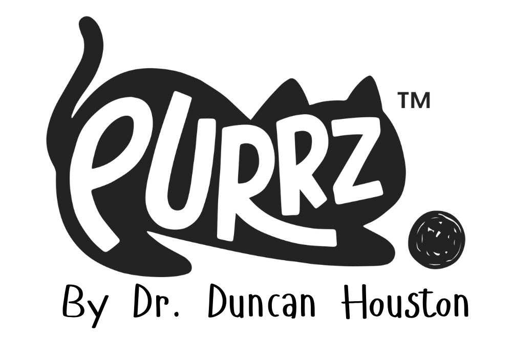 Logo of 'Purrz' by Dr. Duncan Houston with a stylized cat design.