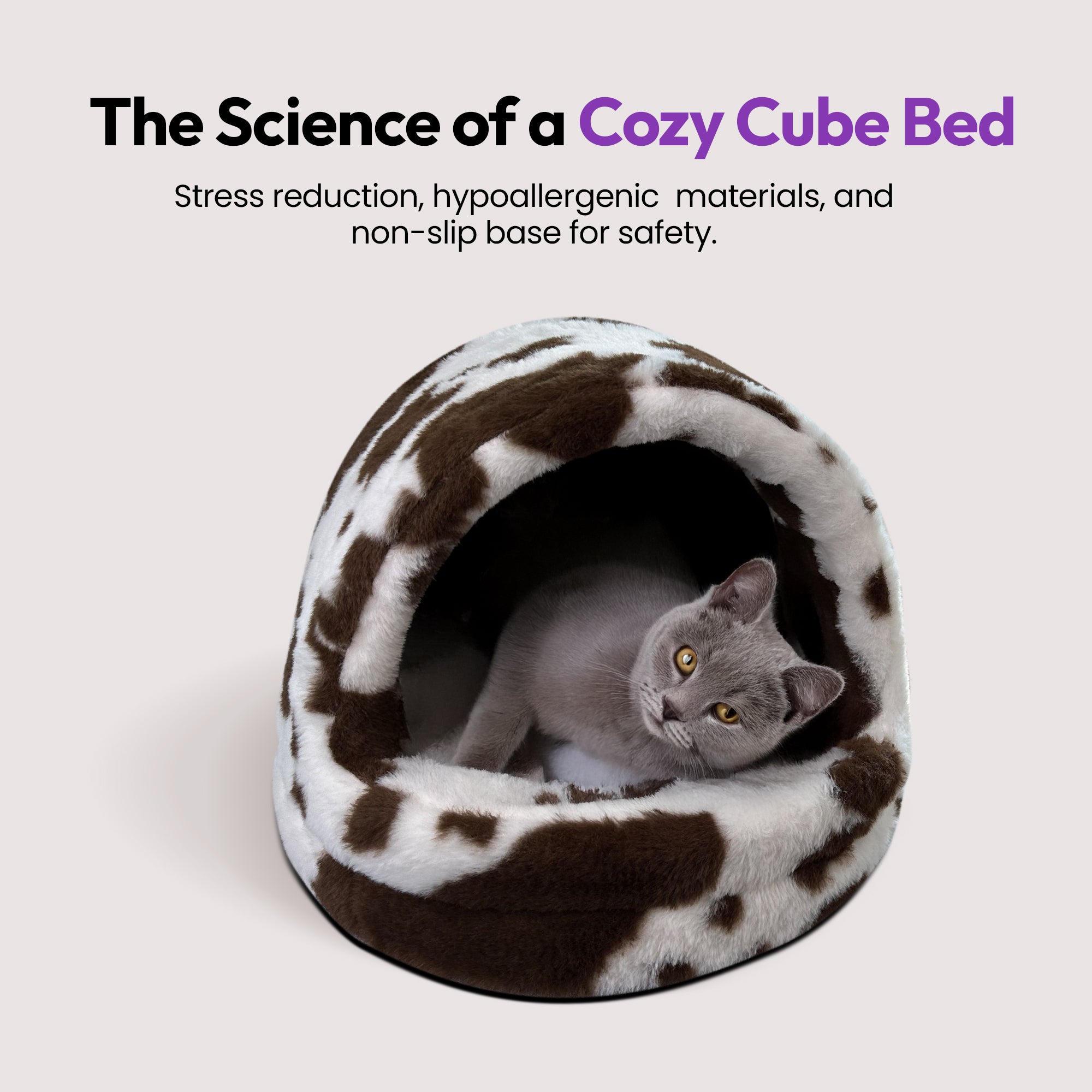 PURRZ Cat Cubby Cave – Washable, Cozy Cat Bed with Cushion – Non-Slip Base, Modern Design – Grey & Cow Print – Medium & Large Sizes – Indoor Pet Hideaway for Cats & Kittens (Cow Dark Brown)