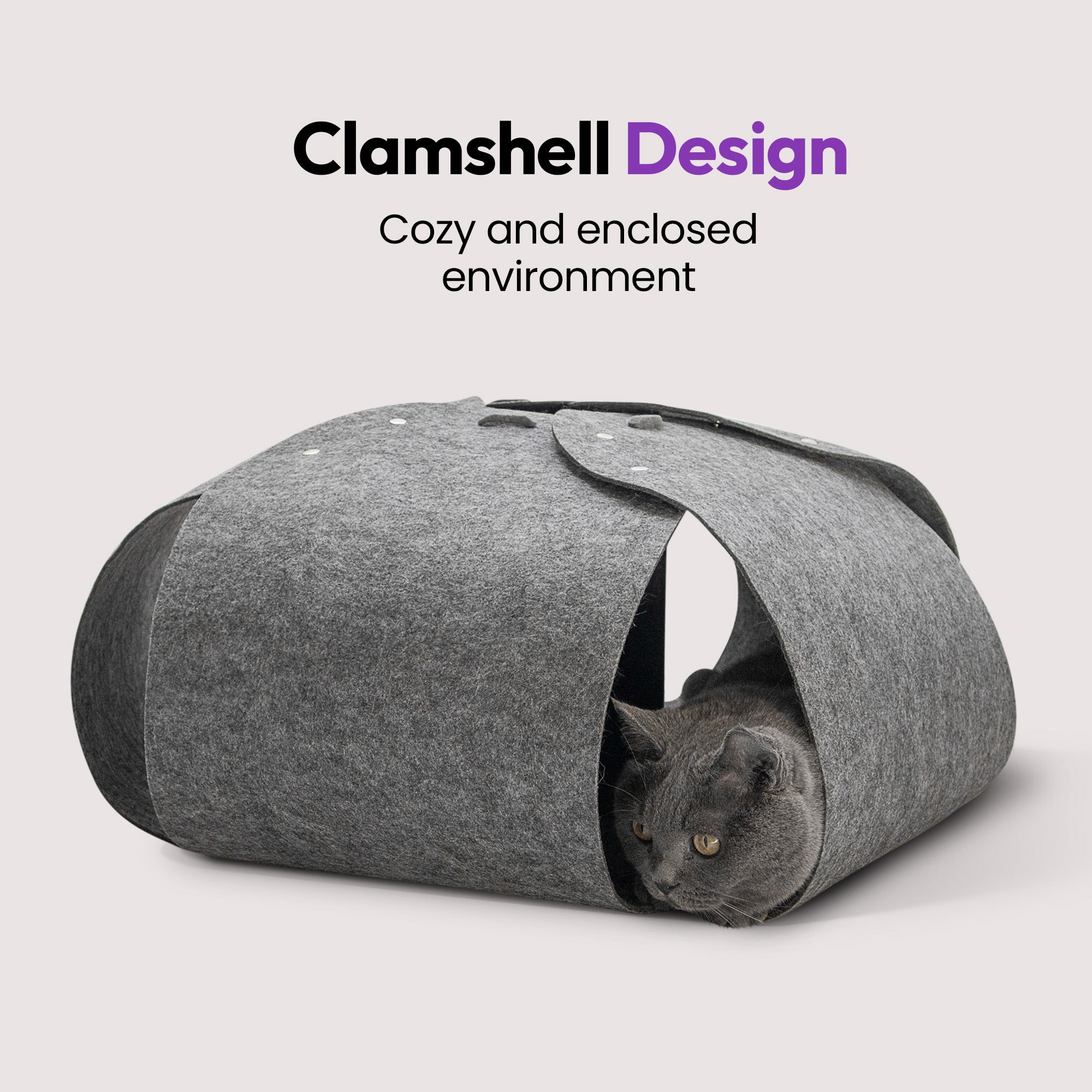 Clam Cat Cave House Home for Indoor Cats – Cozy Felt Clamshell Hideaway for Cats & Small Pets – Foldable, Scratch-Resistant, and Easy to Clean - (Grey, Small)