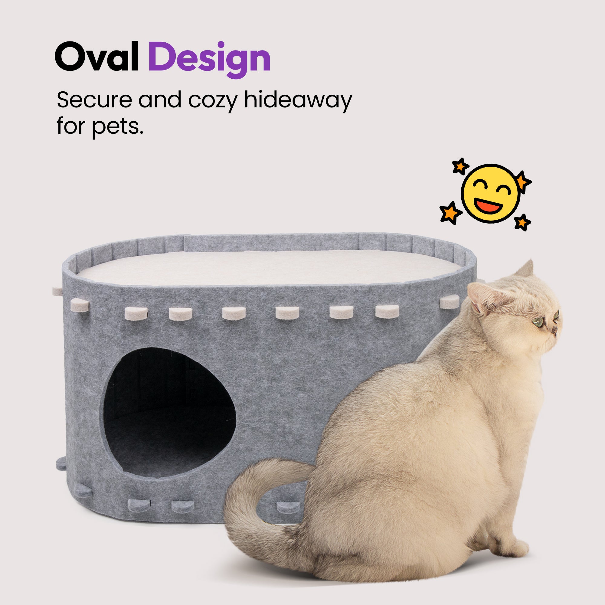 Cat Oval House for Indoor Cats – Cozy Cave & Tunnel Bed for Large Cats Up to 22 Lbs – Foldable, Scratch-Resistant, and Insulated Felt Cat Hideaway - (Grey and White) (Small)