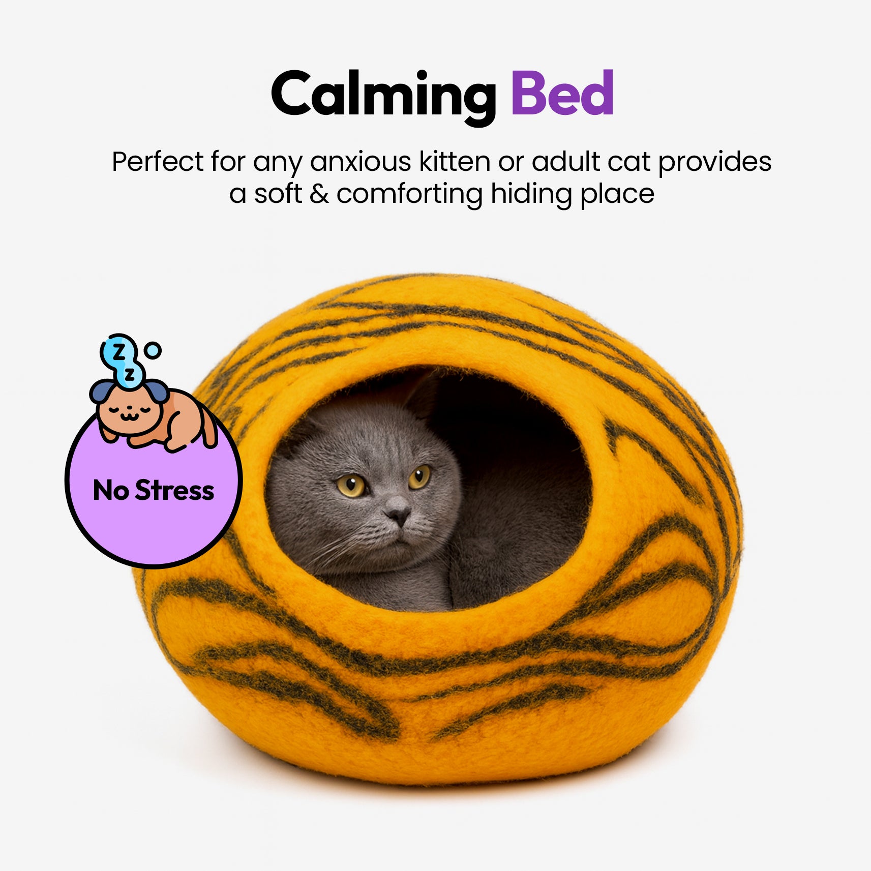 Handmade Merino Wool Cat Cave – Cozy, Calming & Hypoallergenic Hideaway for Cats & Small Pets (Tiger)