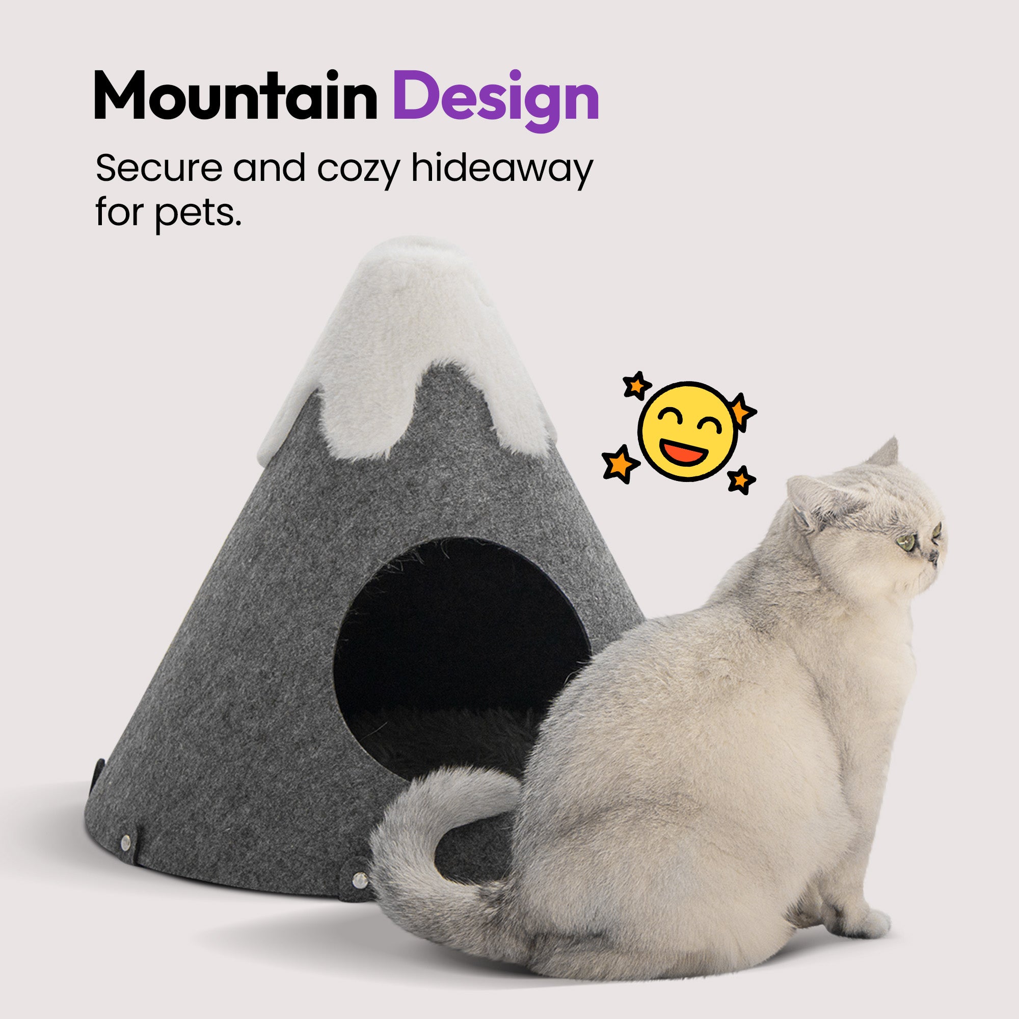 PURRZ Mountain Cat Cave House Home for Indoor Cats – Felt Cat Hideaway, Foldable and Easy to Clean – Cozy Enclosed Bed for Cats and Small Pets - (Grey and White, Small)