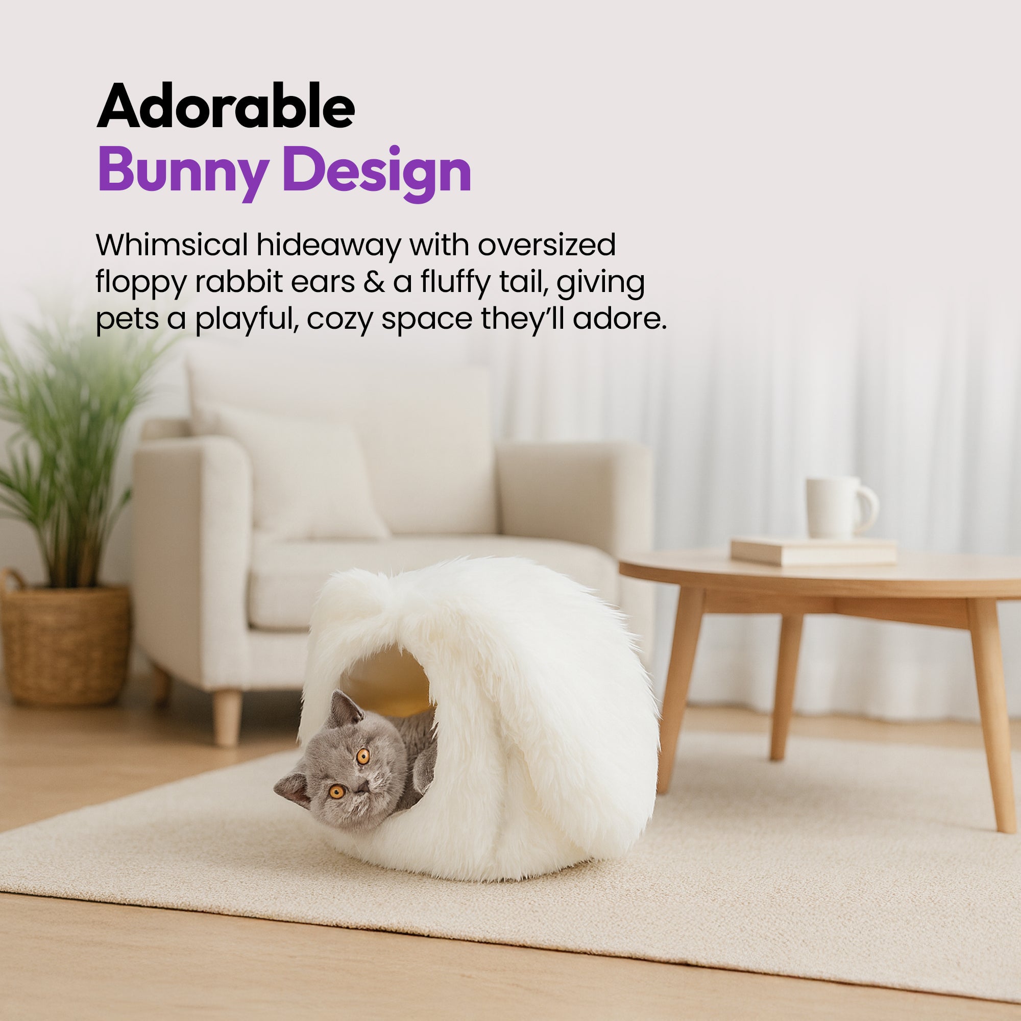 Fluffy Bunny Cat Cave Bed – Cozy Shag Polyester Pet Hideout with Big Floppy Rabbit Ears & Tail – Play & Sleep Den for Cats & Small Pets