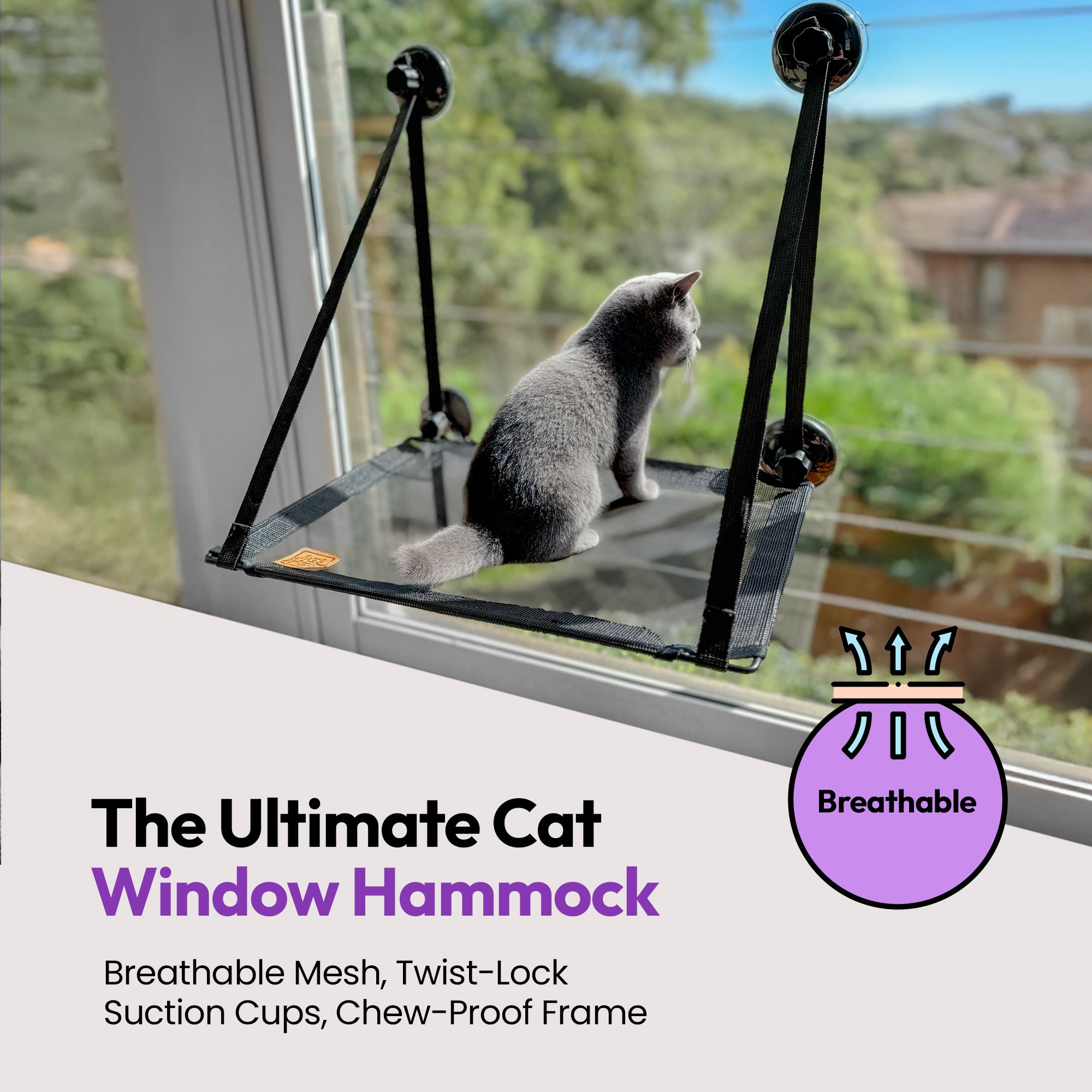 Durable Cat Window Hammock Perch 4 Strong Suction Cups, Easy Adjustable & Assemble, Large Double Cat, Extra Sturdy & Safe, Resting Seat for Sunbathing & Napping (Medium)
