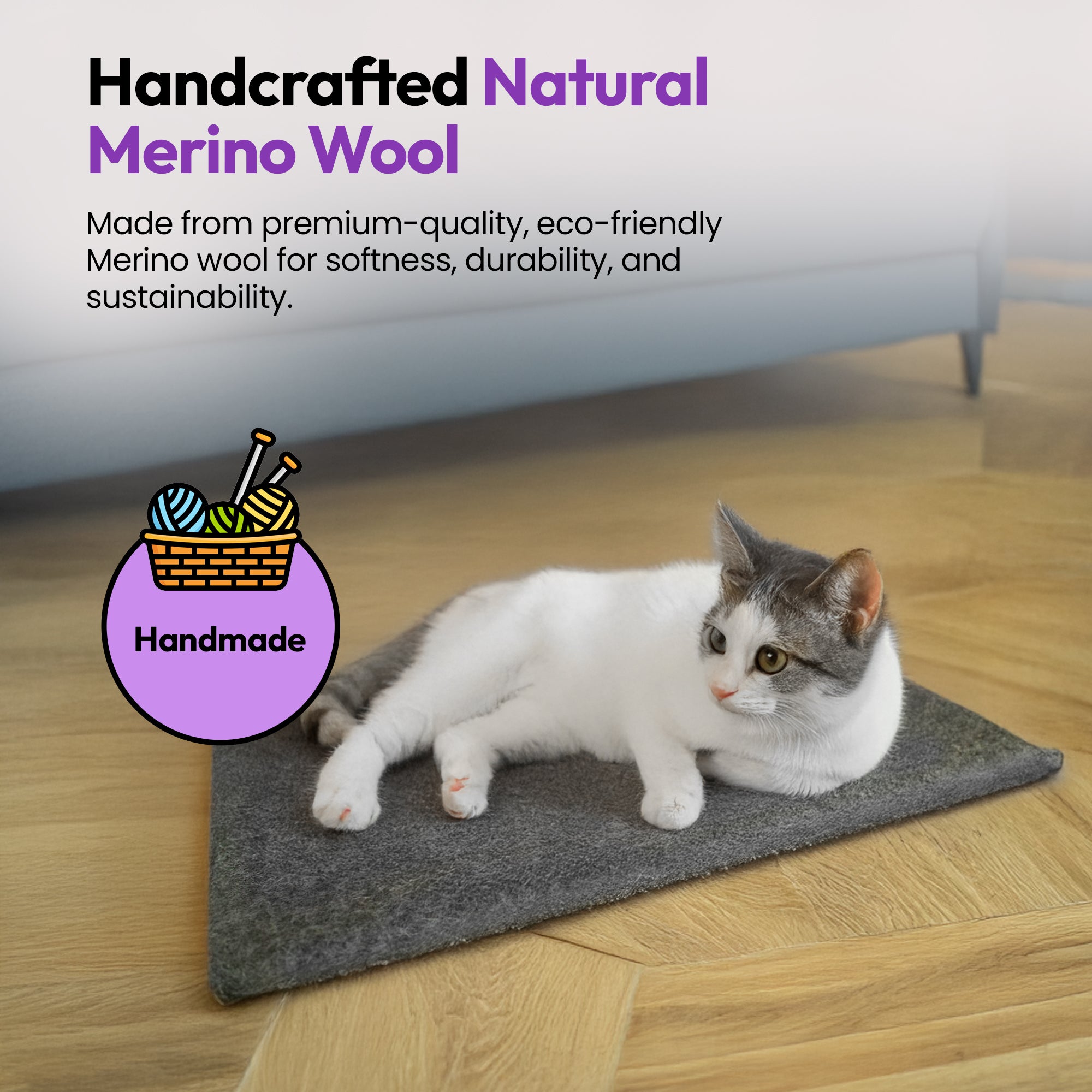 PURRZ Handmade Natural Merino Wool Felt Pad – Soft, Scratch-Friendly Pet Pad for Cats & Small Pets – Dark Grey Charcoal Design – Ideal for Desk, Couch, Shelves & Floors (Dark Grey, Medium)