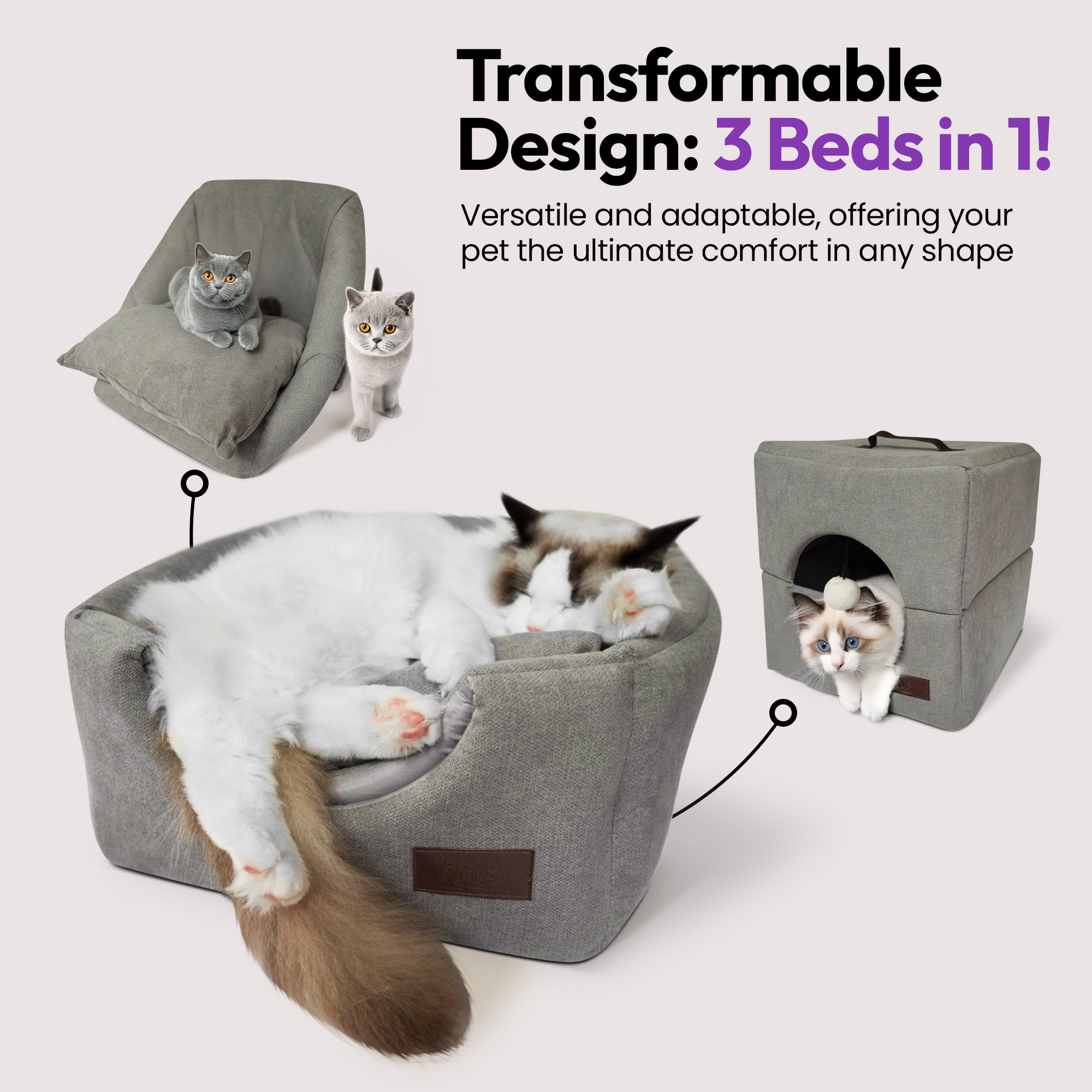 Foldable Cat Cube Bed Cave with Leather Handle (Grey Smoke)