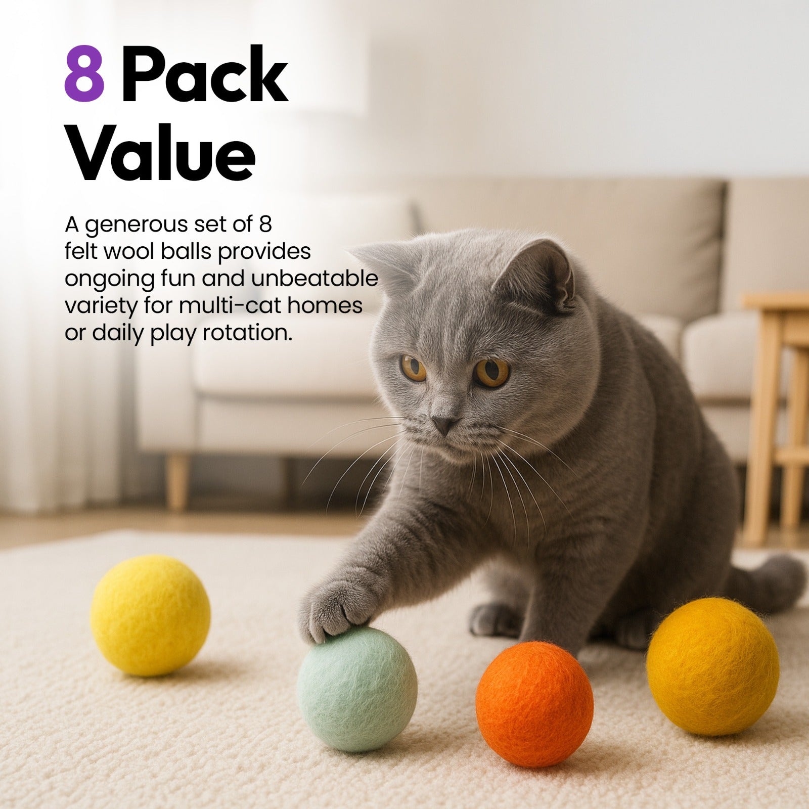Cat Wool Felt Balls – 8-Pack Handmade Merino Wool Catnip-Free Indoor Toys