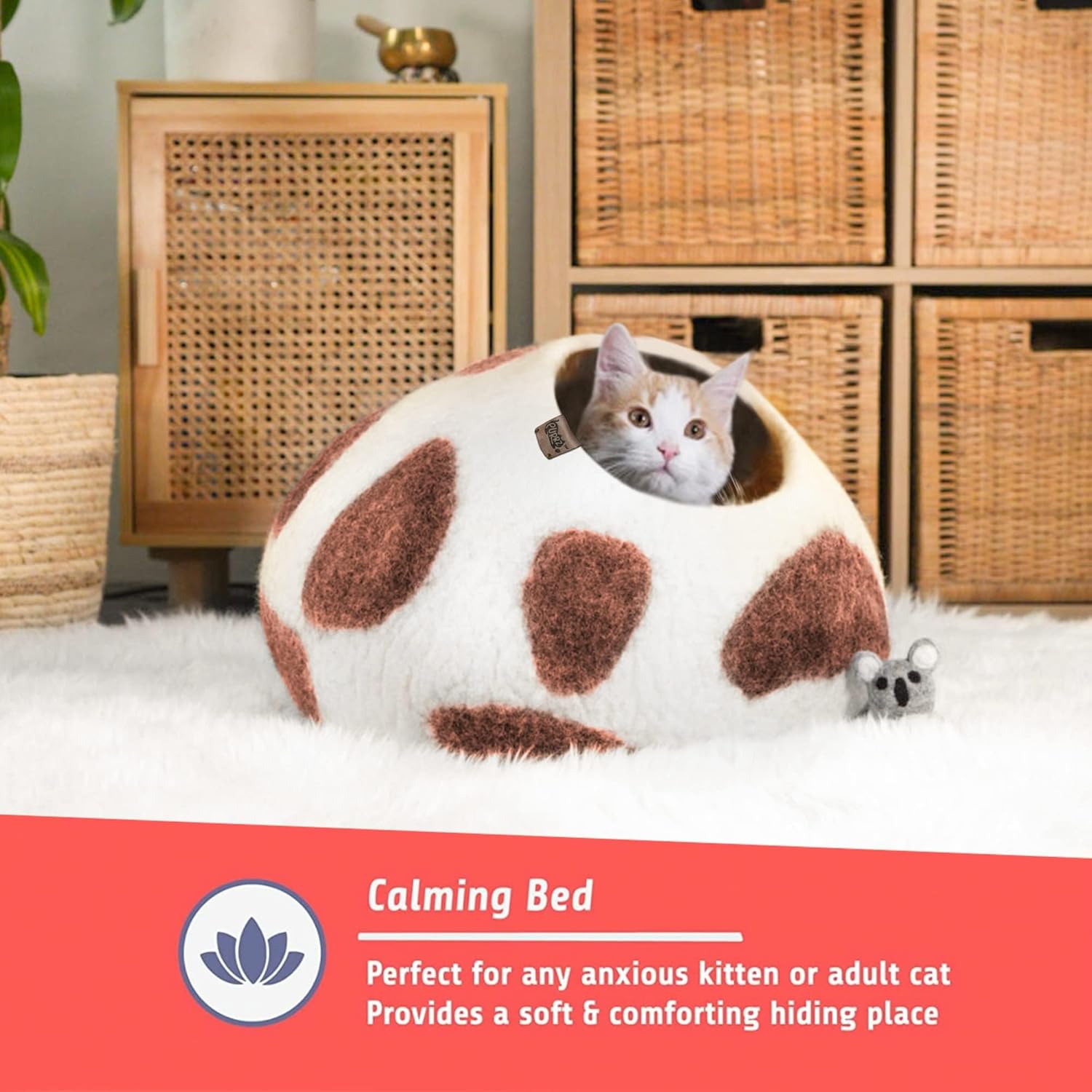 PURRZ Luxury Cat Cave | Natural Wool Felt Handmade Cat House, Cat Beds, Cat Condo, Cat Furniture, Cat Beds for Indoor Cats, Cat Houses for Indoor Cats, Cat Hideaway(BROWN COW)
