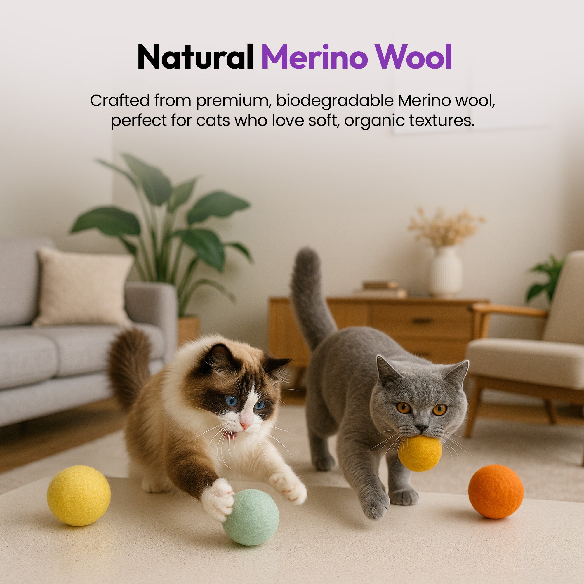 手作りメリノ羊毛の玉おもちゃセット – 8個入り