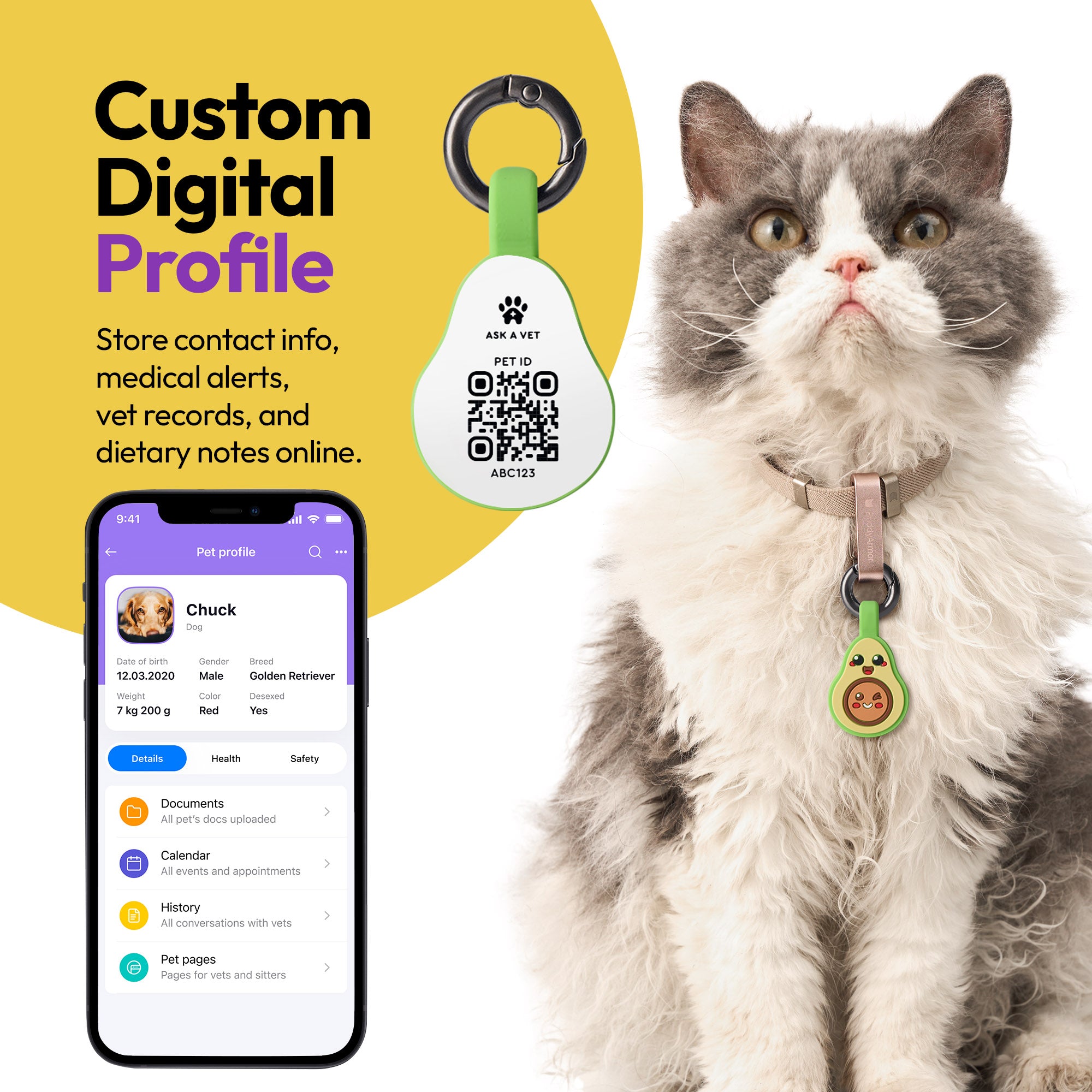 Cat wearing a pet ID tag with a smartphone displaying a digital profile, on a yellow and white background.