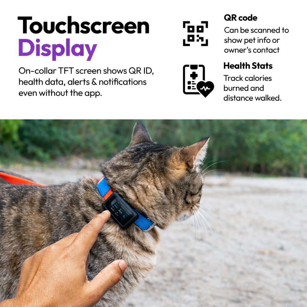 Cat wearing a smart collar with a hand adjusting it, set against a natural background.