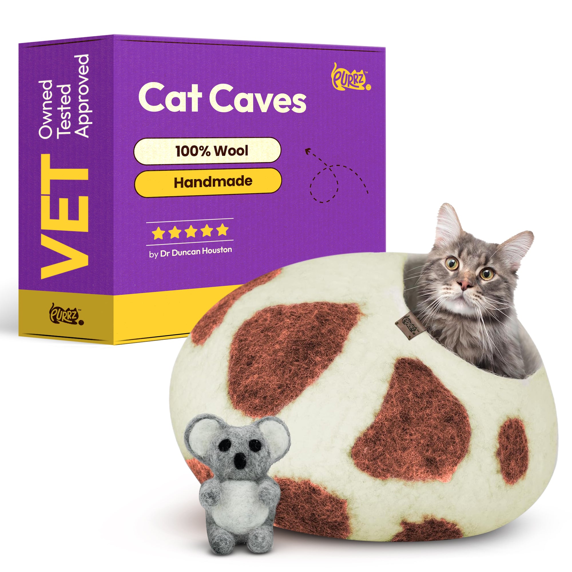 PURRZ Luxury Cat Cave | Natural Wool Felt Handmade Cat House, Cat Beds, Cat Condo, Cat Furniture, Cat Beds for Indoor Cats, Cat Houses for Indoor Cats, Cat Hideaway(Dairy Cow Brown)