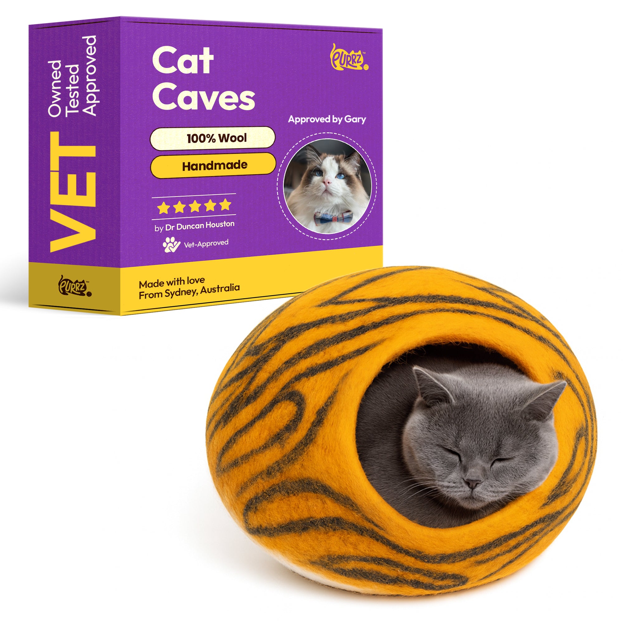Handmade Merino Wool Cat Cave – Cozy, Calming & Hypoallergenic Hideaway for Cats & Small Pets (Tiger)