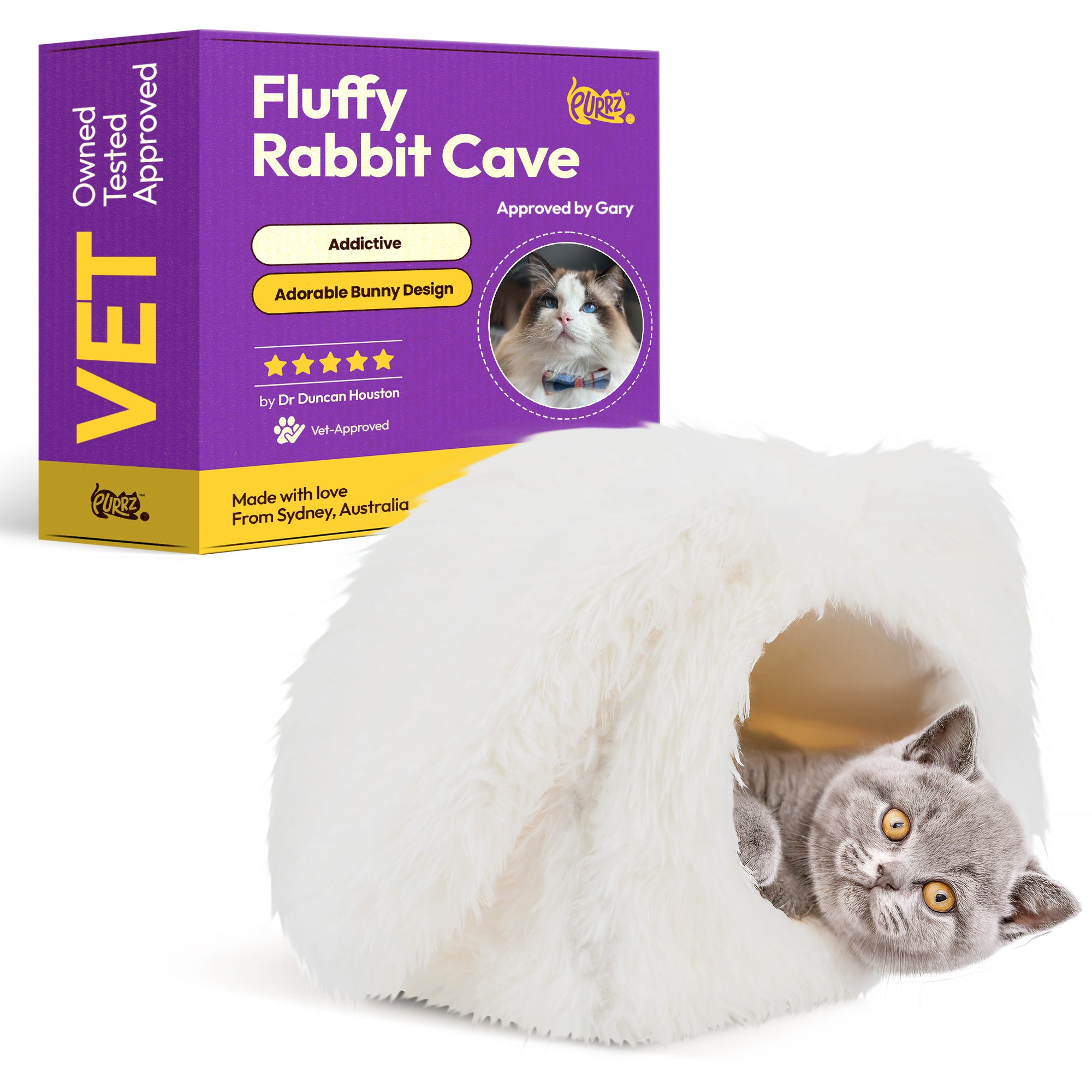 Fluffy Bunny Cat Cave Bed – Cozy Shag Polyester Pet Hideout with Big Floppy Rabbit Ears & Tail – Play & Sleep Den for Cats & Small Pets