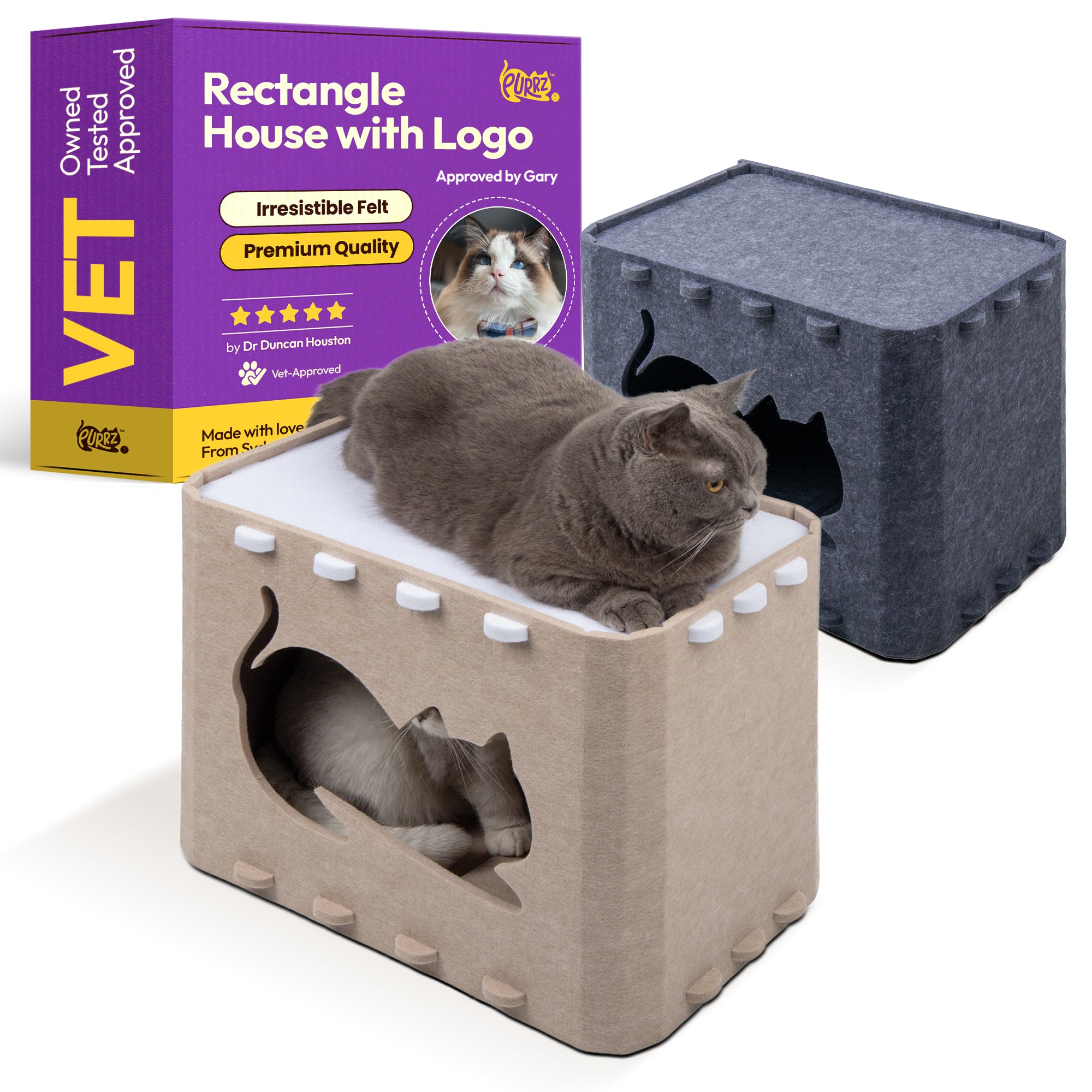 Logo Rectangle Cat House – Spacious Felt Hideout with Logo Front Door – Modern Cat Den & Bed (Grey or Cream)