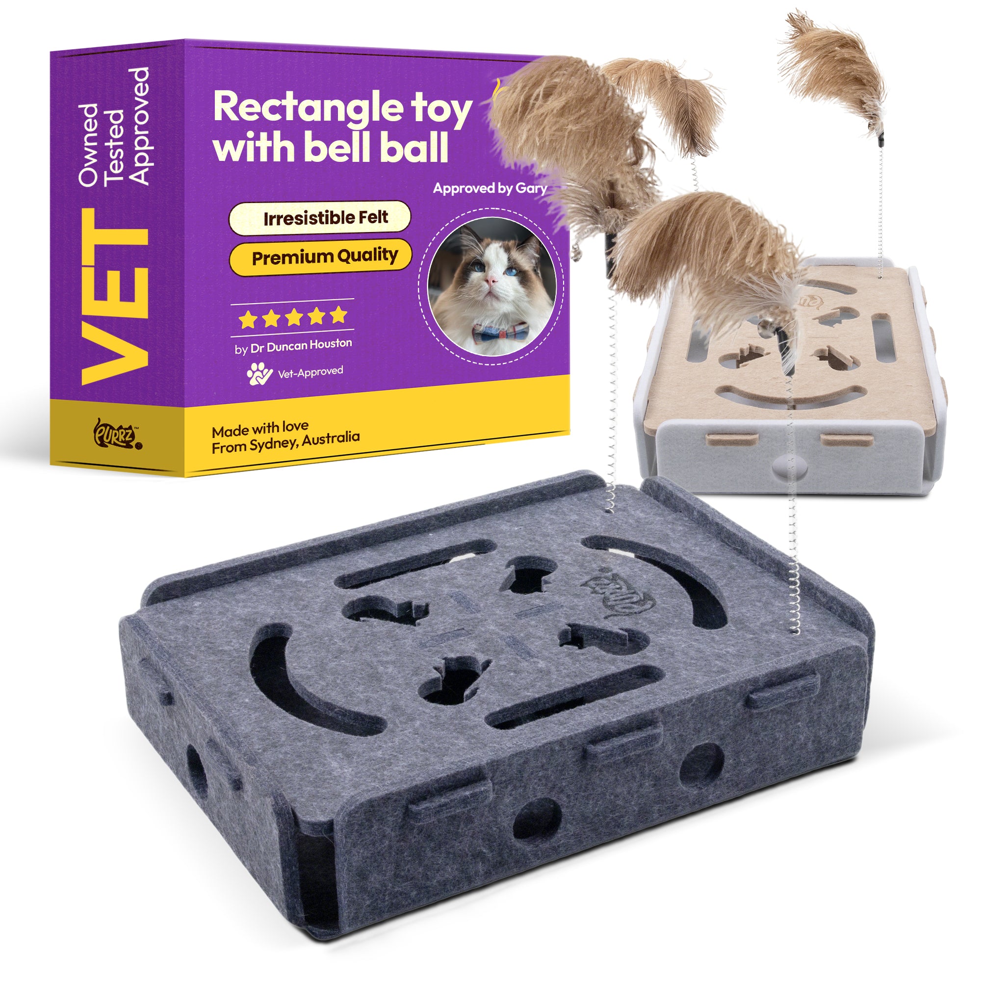 Rectangle Felt Cat Toy – Interactive Play Box with Bell Ball & Feather Spring – Modern Felt Toy for Cats & Kittens (Grey or Cream)